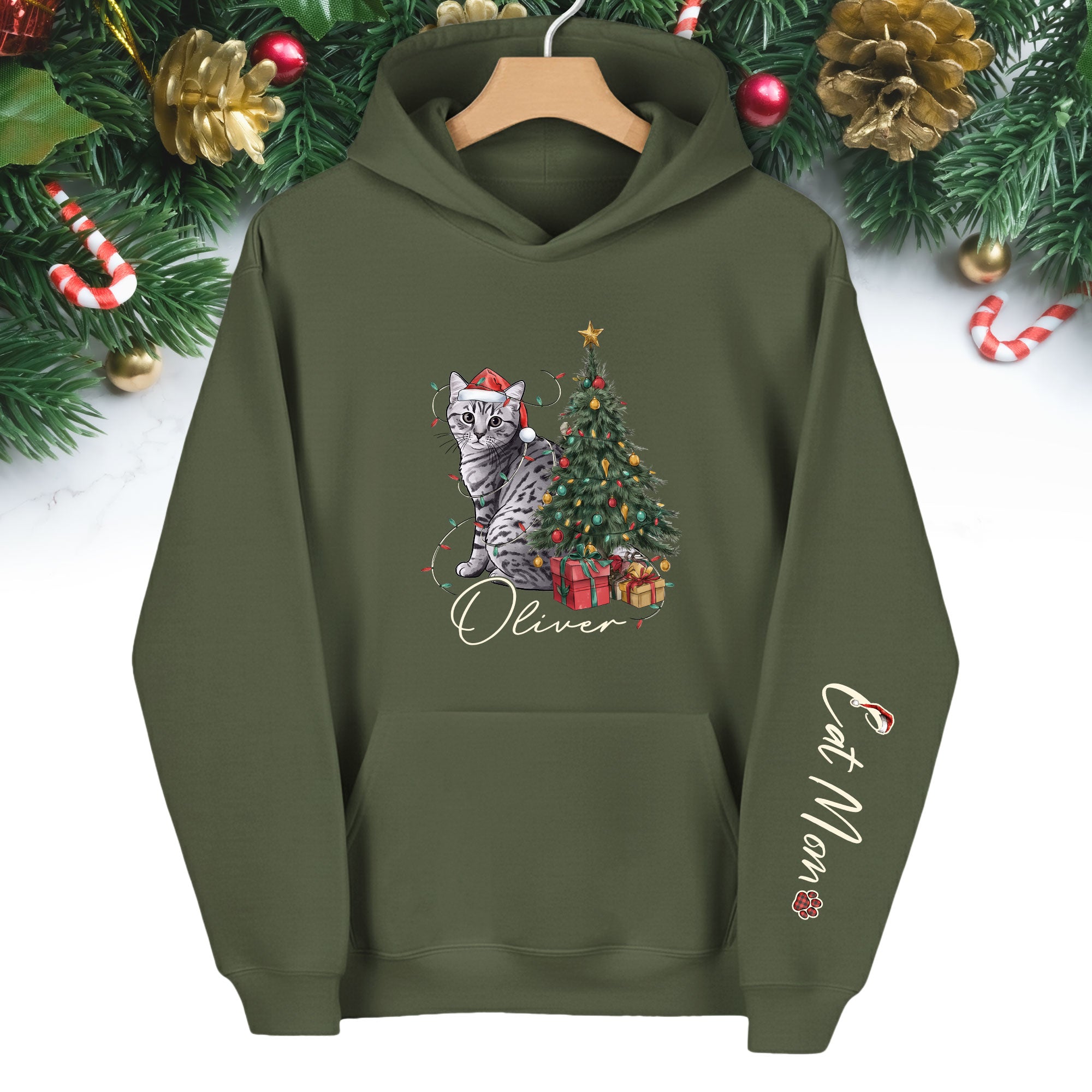 Personalized Cat Mom Christmas Hoodie – Custom Pet Photo Hoodie with Cat Name, Holiday Gift for Cat Lovers