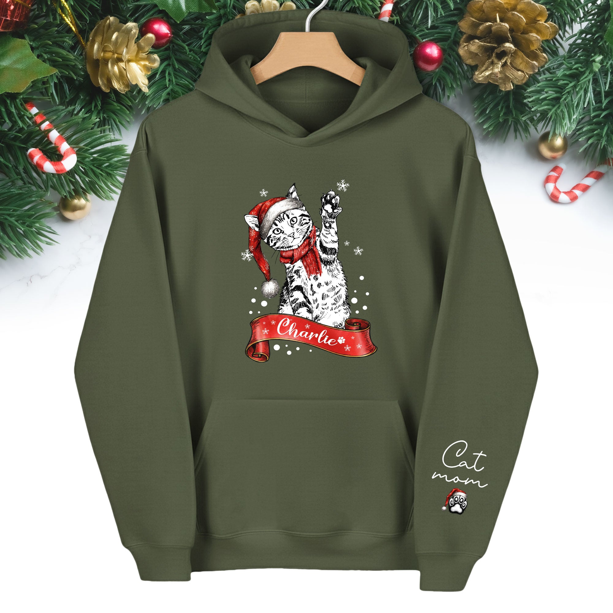 Custom Cat Mom Christmas Hoodie – Personalized Cat Photo Hoodie with Pet Name, Holiday Gift for Cat Lovers