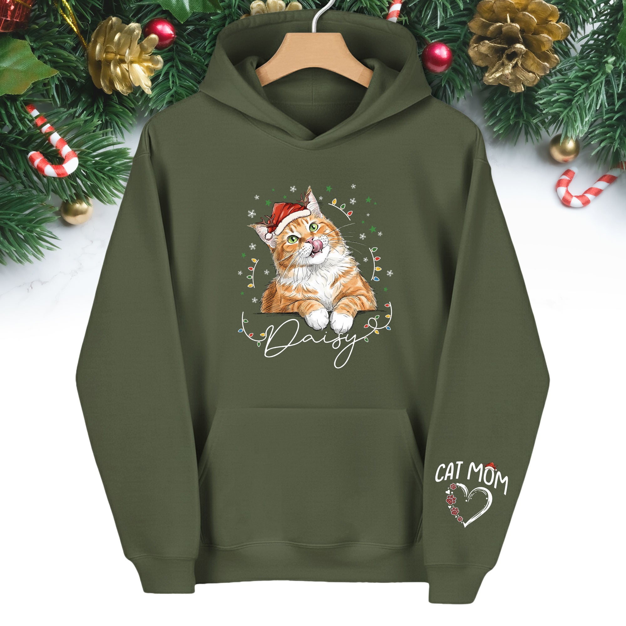 Personalized Cat Mom Christmas Hoodie – Custom Cat Photo Hoodie with Pet Name, Cute Holiday Gift for Cat Lovers