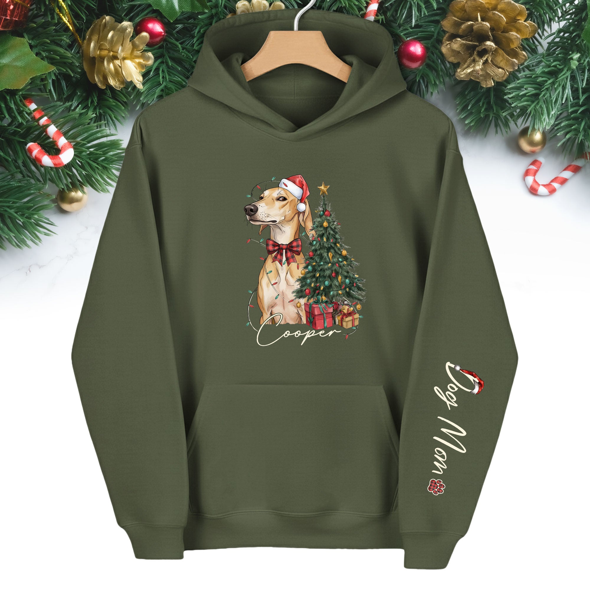 Personalized Dog Mom Christmas Hoodie, Custom Dog Photo Hoodie with Pet Name, Holiday Gift for Pet Lovers
