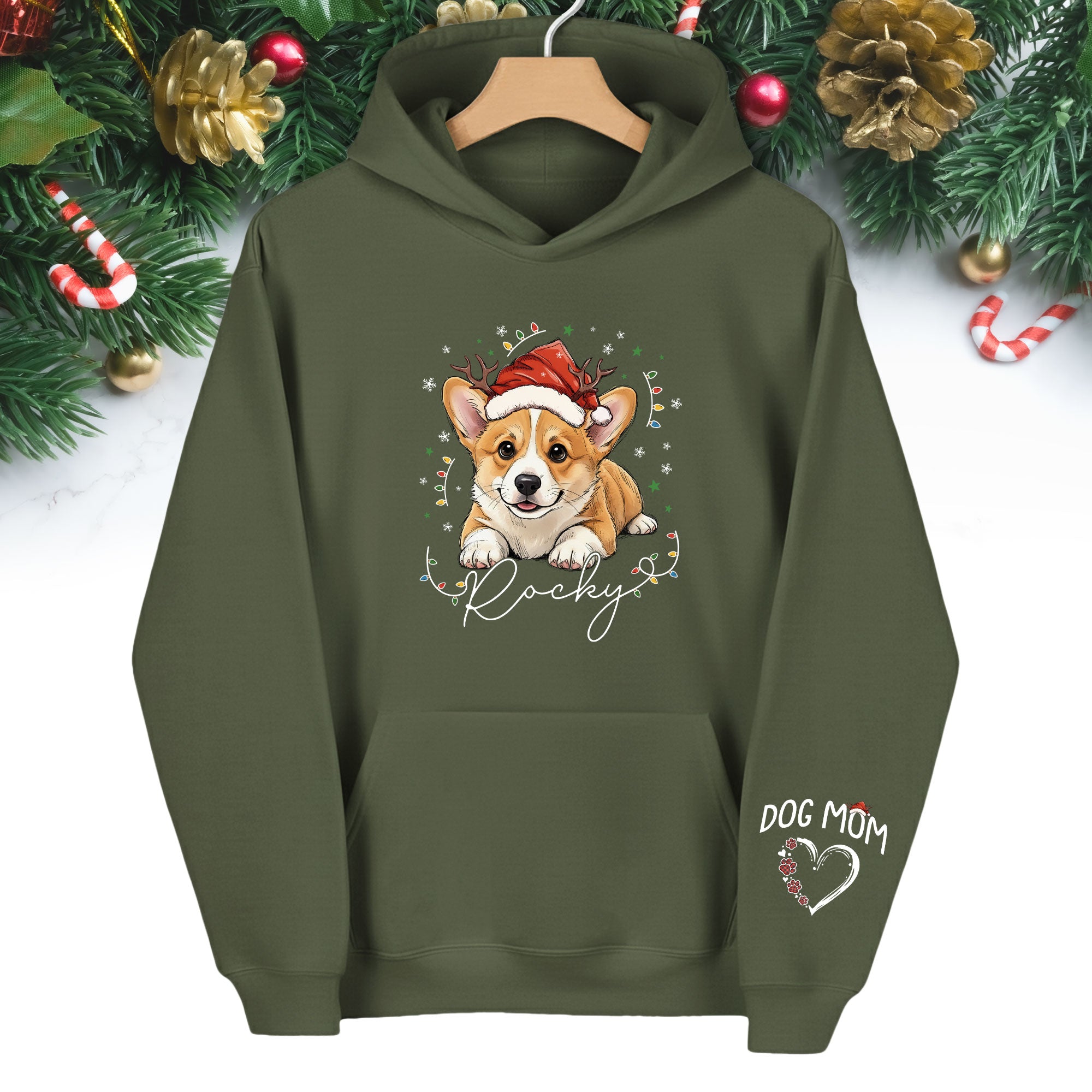 Personalized Dog Mom Christmas Hoodie – Custom Dog Photo Hoodie with Pet Name, Cute Holiday Gift for Dog Lovers