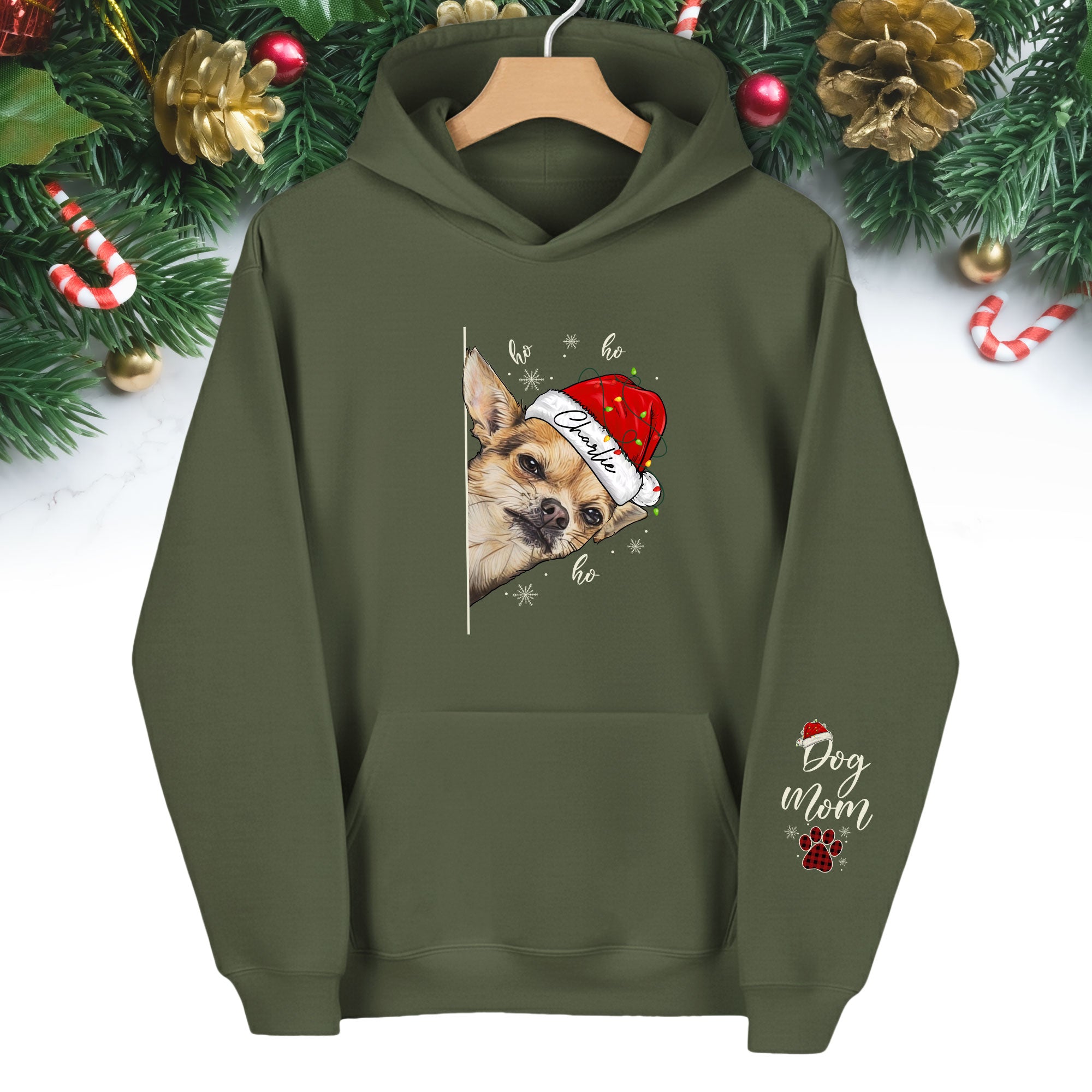 Custom Dog Mom Christmas Hoodie – Personalized Dog Photo Hoodie with Pet Name, Funny Holiday Gift for Dog Lovers