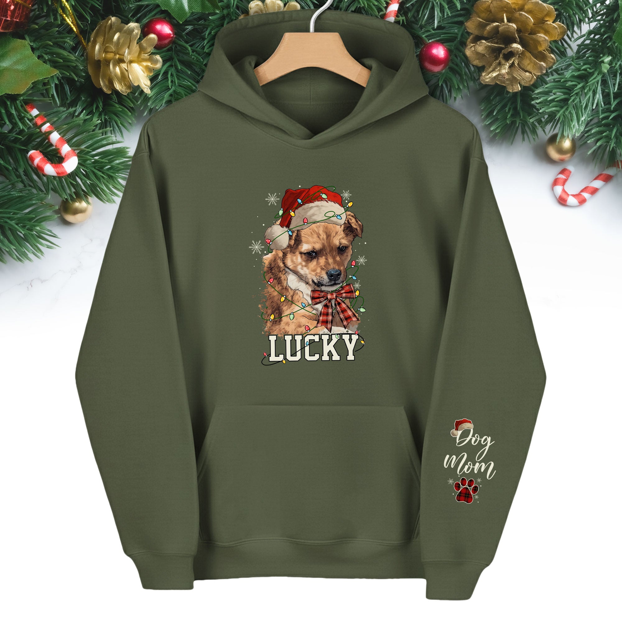 Personalized Dog Mom Christmas Hoodie – Custom Dog Photo Hoodie with Pet Name, Holiday Gift for Pet Lovers