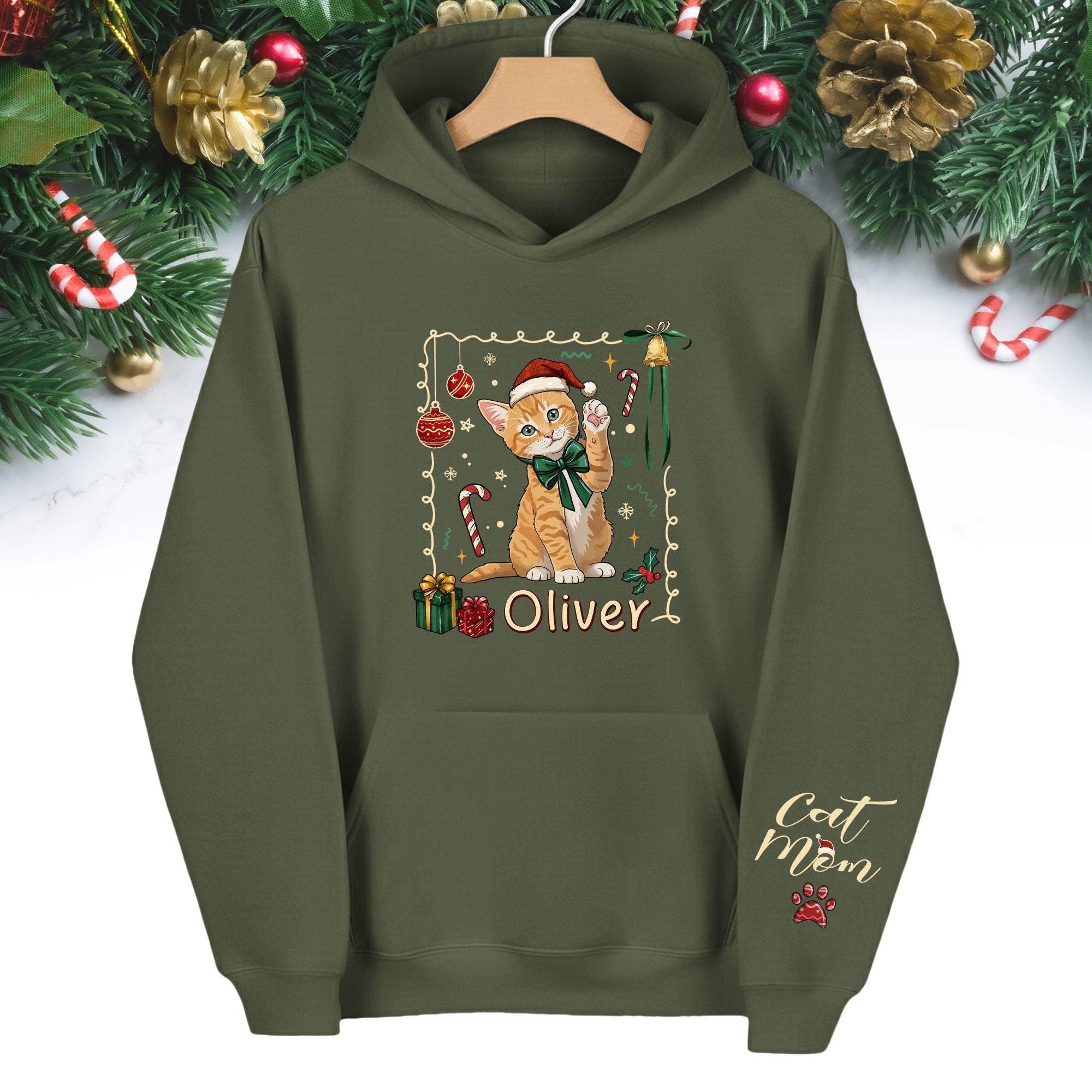 Custom Cat Christmas Hoodie – Personalized Pet Portrait Gift for Cat Moms