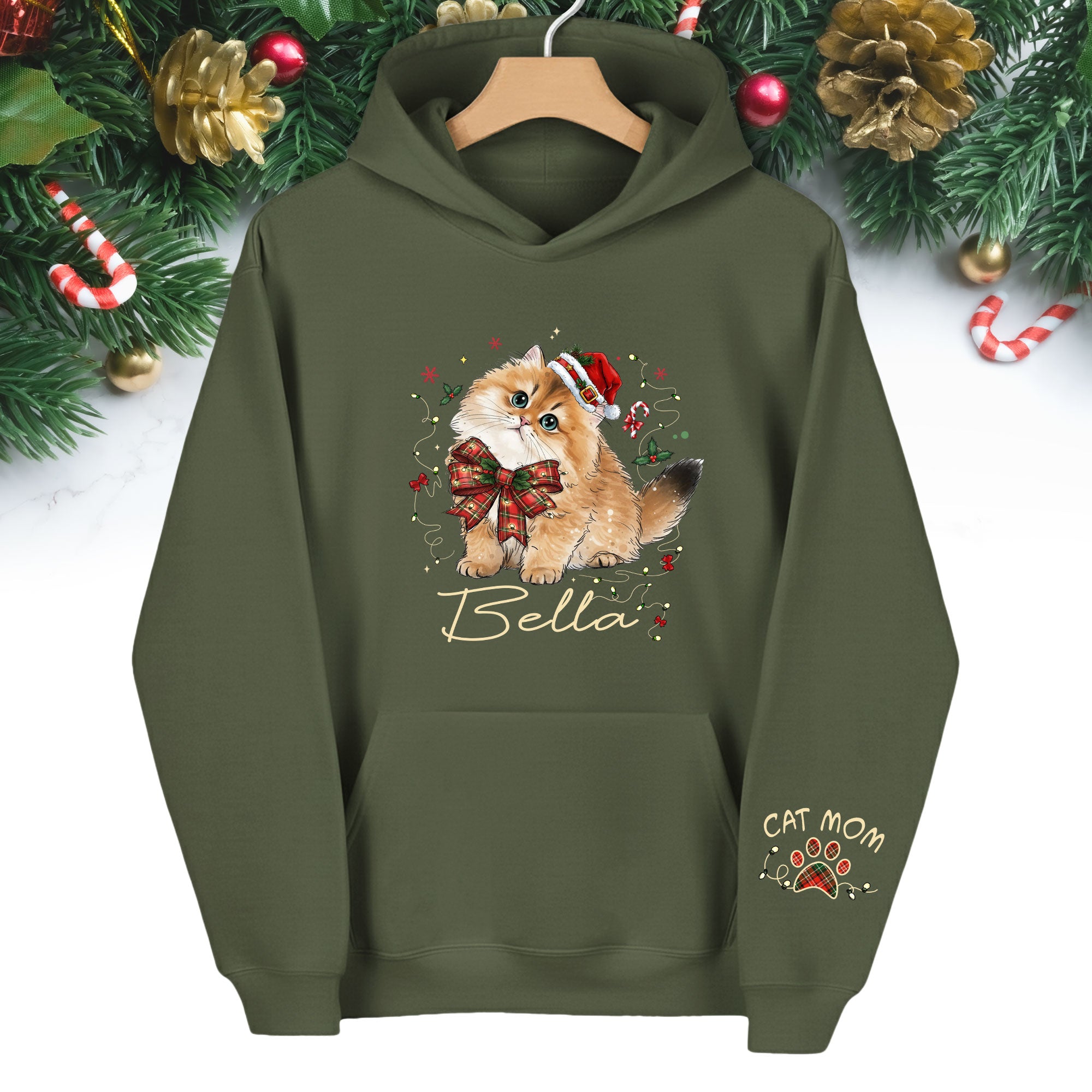 Personalized Cat Portrait Christmas Hoodie – Custom Pet Photo Gift for Cat Moms