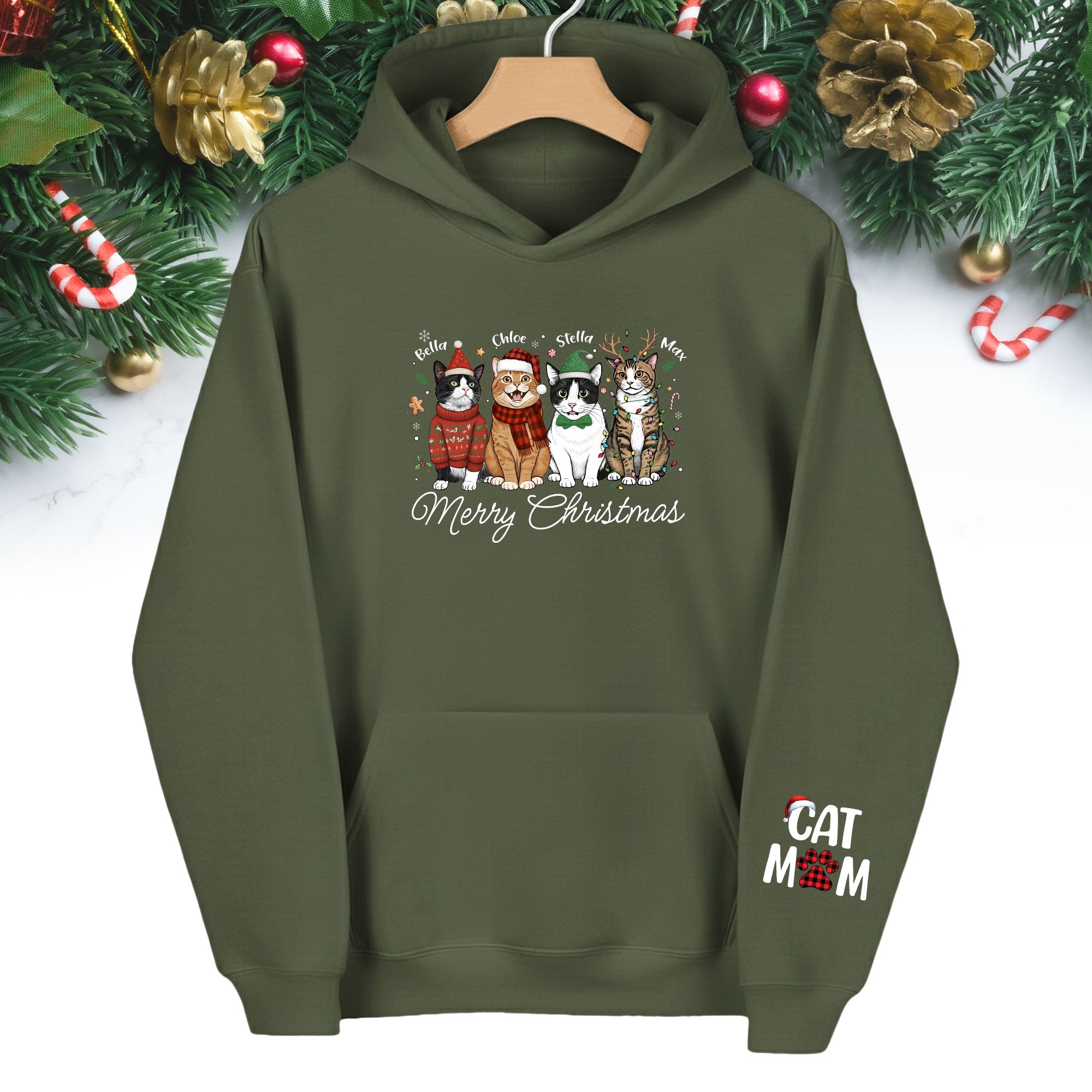 Custom Pet Christmas Hoodie – Personalized Cat Photo Hoodie for Pet Moms