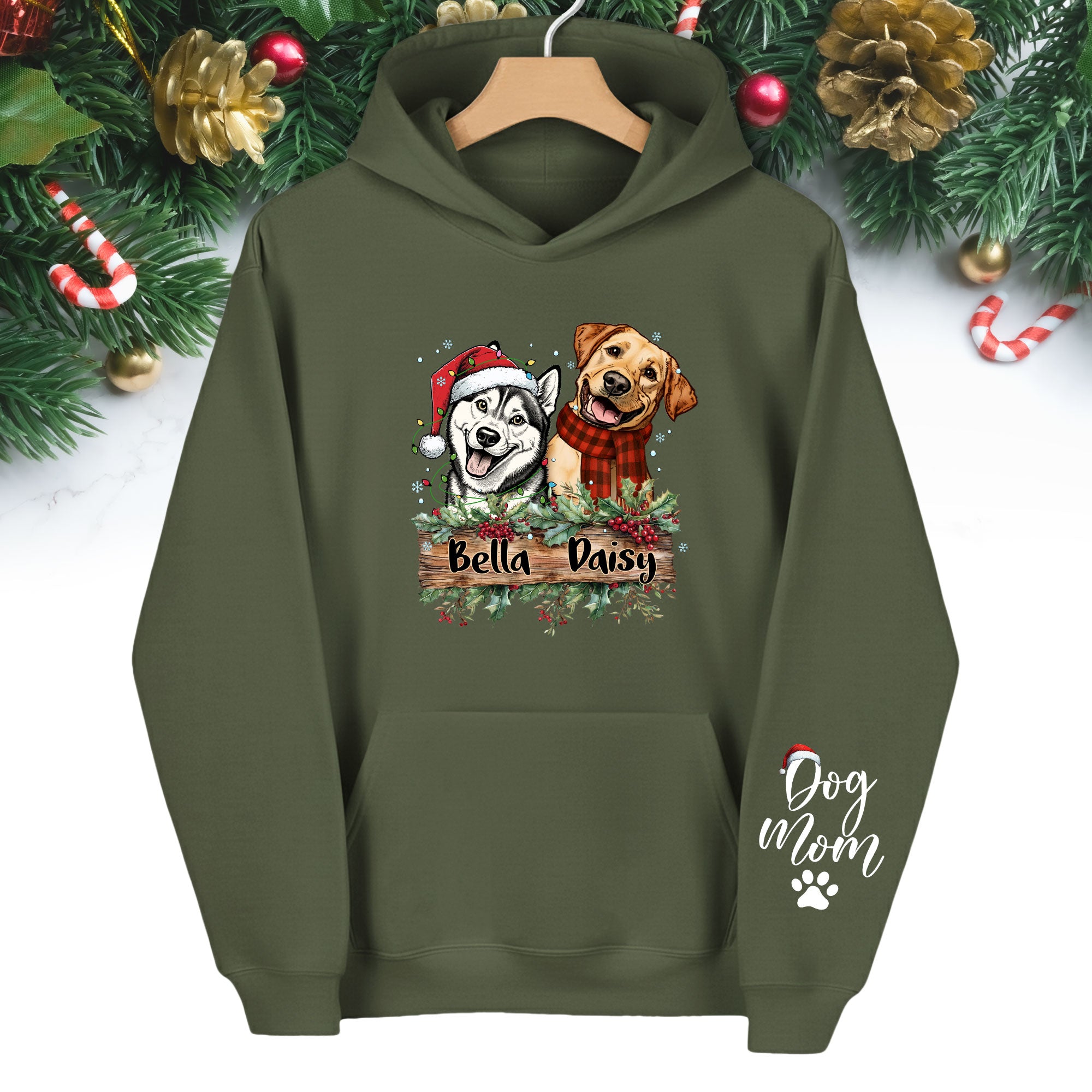 Dog Mom Christmas Hoodie – Custom Pet Photo Hoodie, Personalized Holiday Gift for Dog Mom