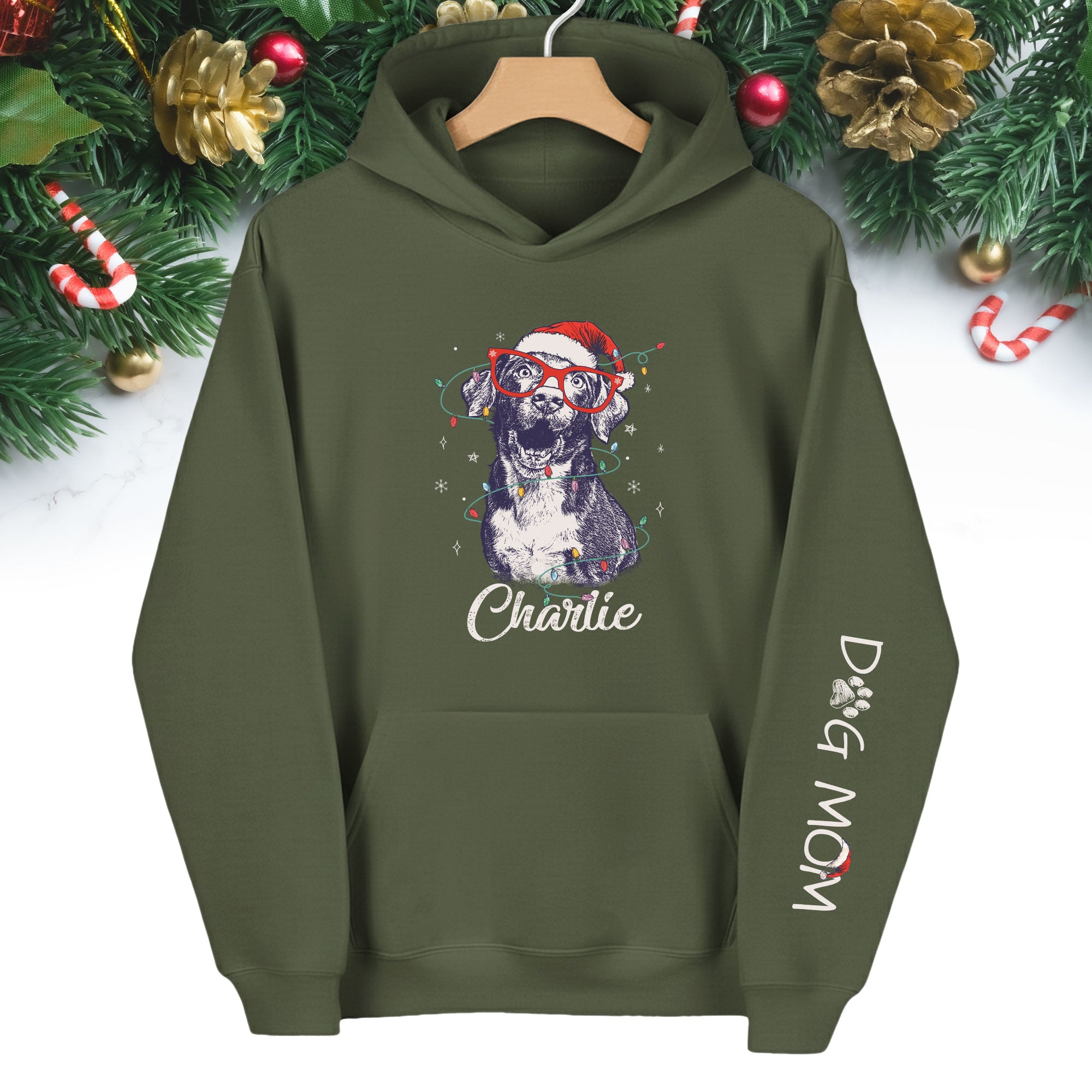 Personalized Dog Mom Hoodie – Custom Dog Photo Hoodie with Holiday Design