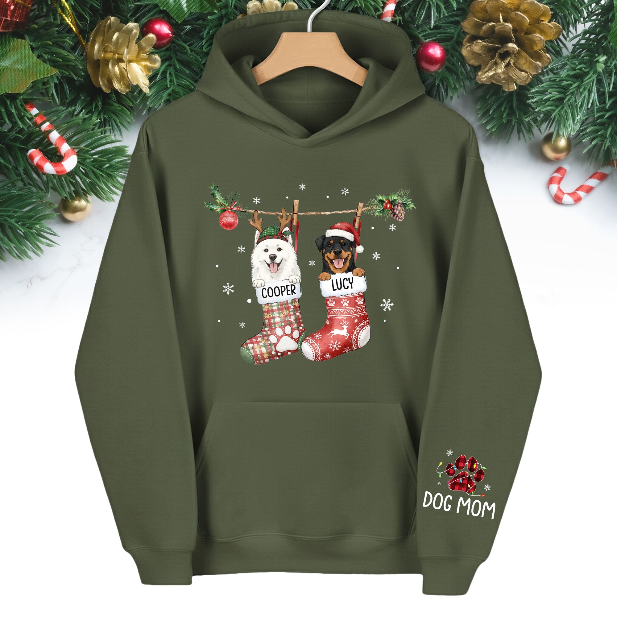 Custom Christmas Dog Hoodie – Personalized Holiday Hoodie with Your Dog’s Photo in Festive Stockings