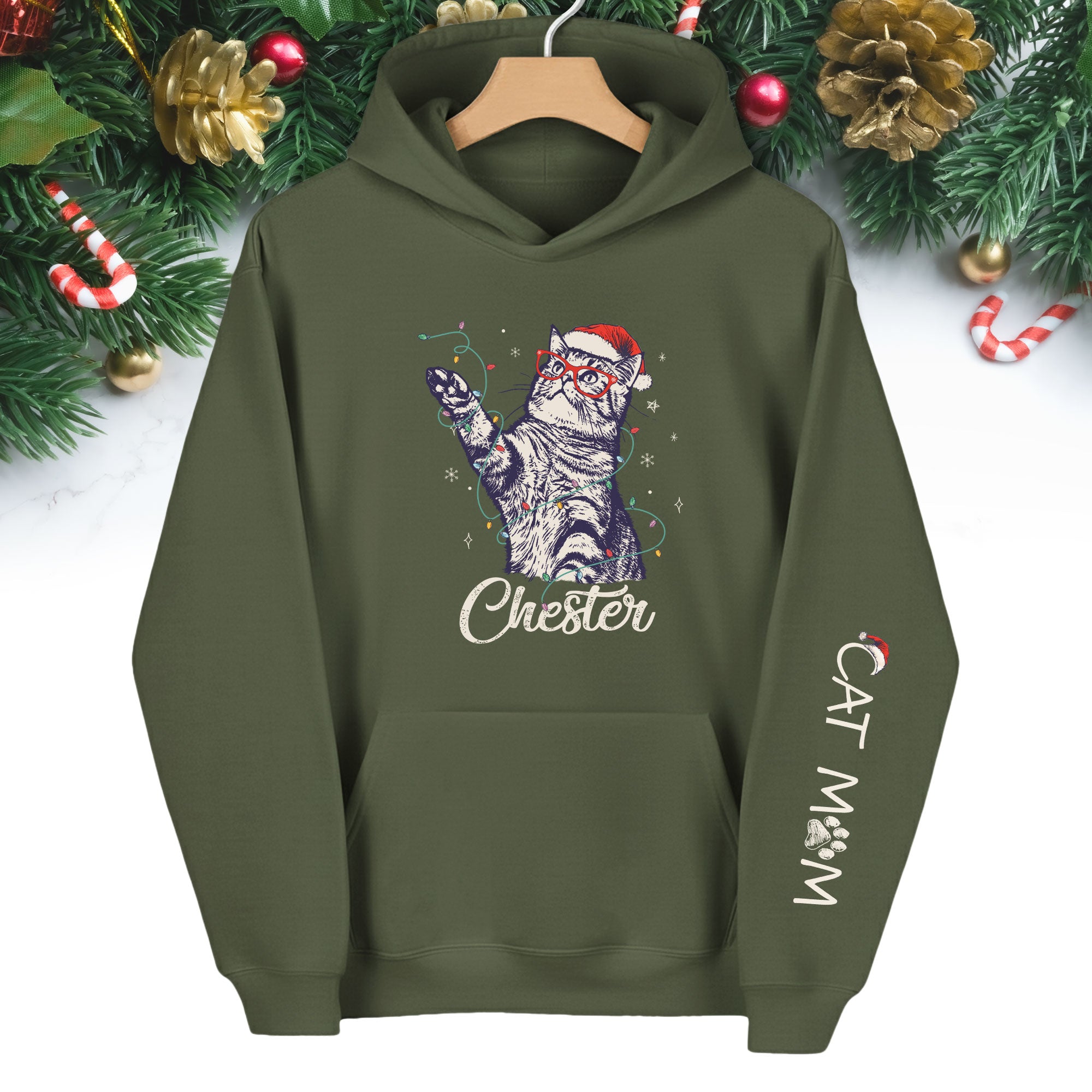 Christmas Cat Mom Hoodie – Personalized Cat Photo Hoodie, Custom Holiday Gift for Women