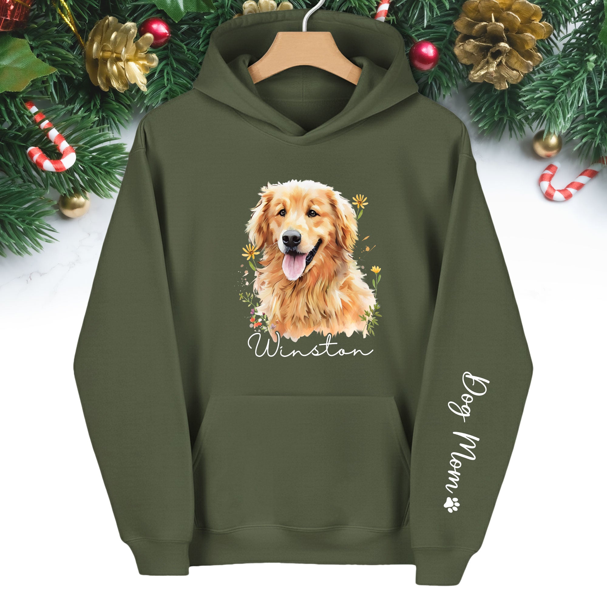 Custom Pet Photo Hoodie – Personalized Dog Portrait with Floral Design, Dog Mom Gift