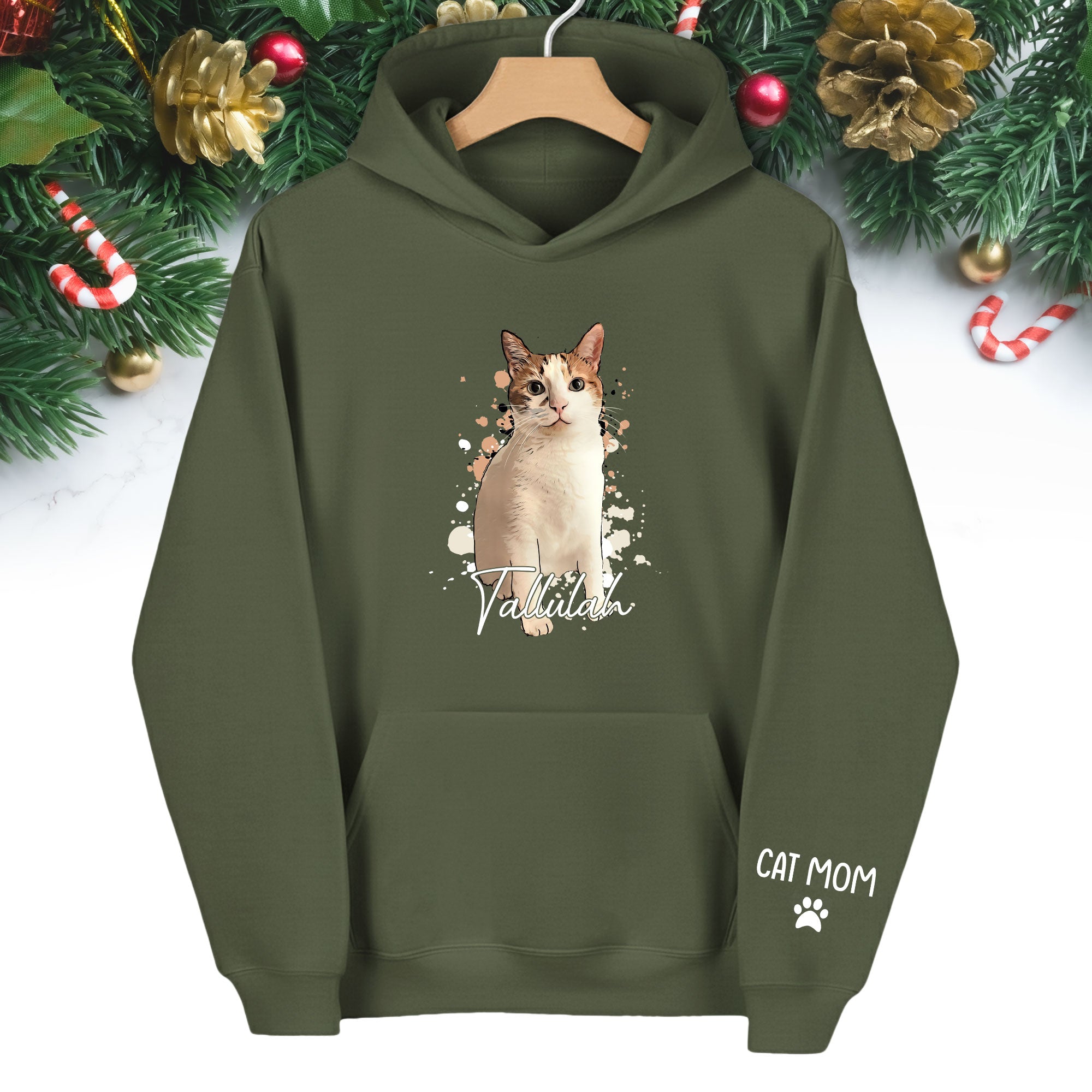 Personalized Cat Mom Hoodie – Custom Cat Photo Hoodie with Pet Name, Unique Holiday Gift for Cat Lovers