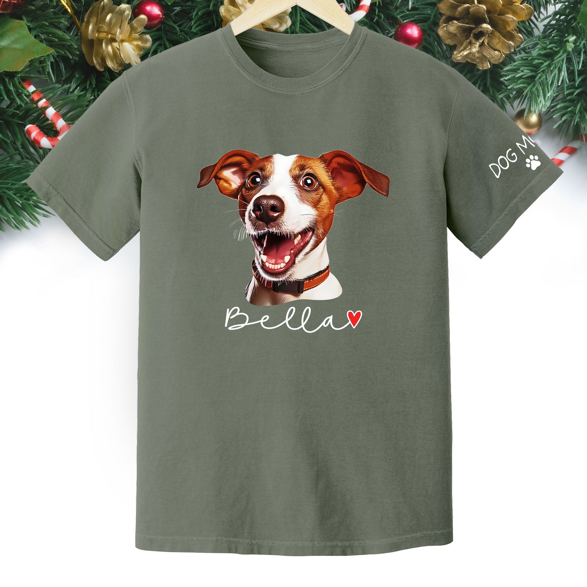 Dog Mom Christmas Shirt – Custom Pet Portrait Tee, Personalized Holiday Gift for Women