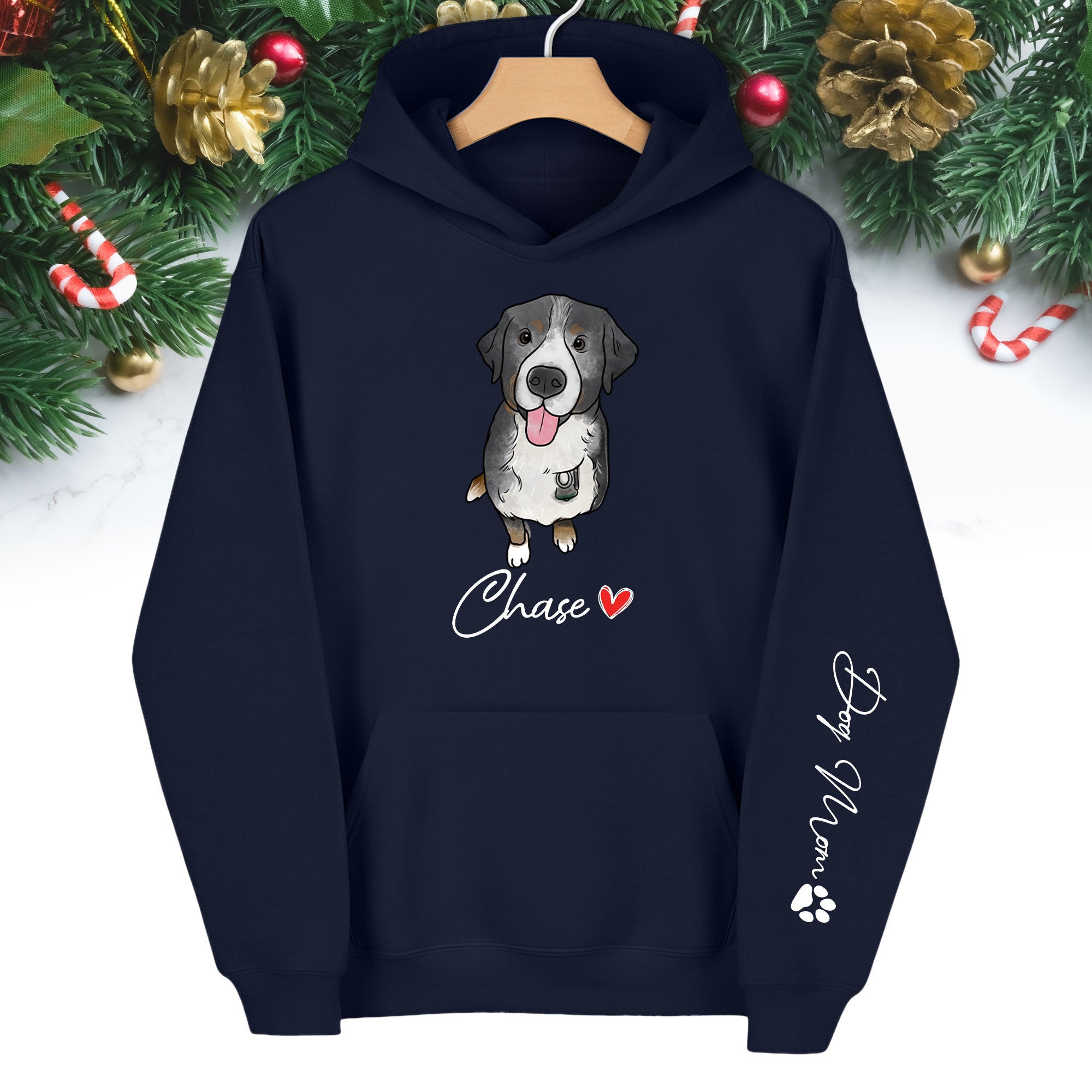 Custom Pet Portrait Hoodie– Dog Name Printed with Heart, Perfect Gift for Dog Lovers