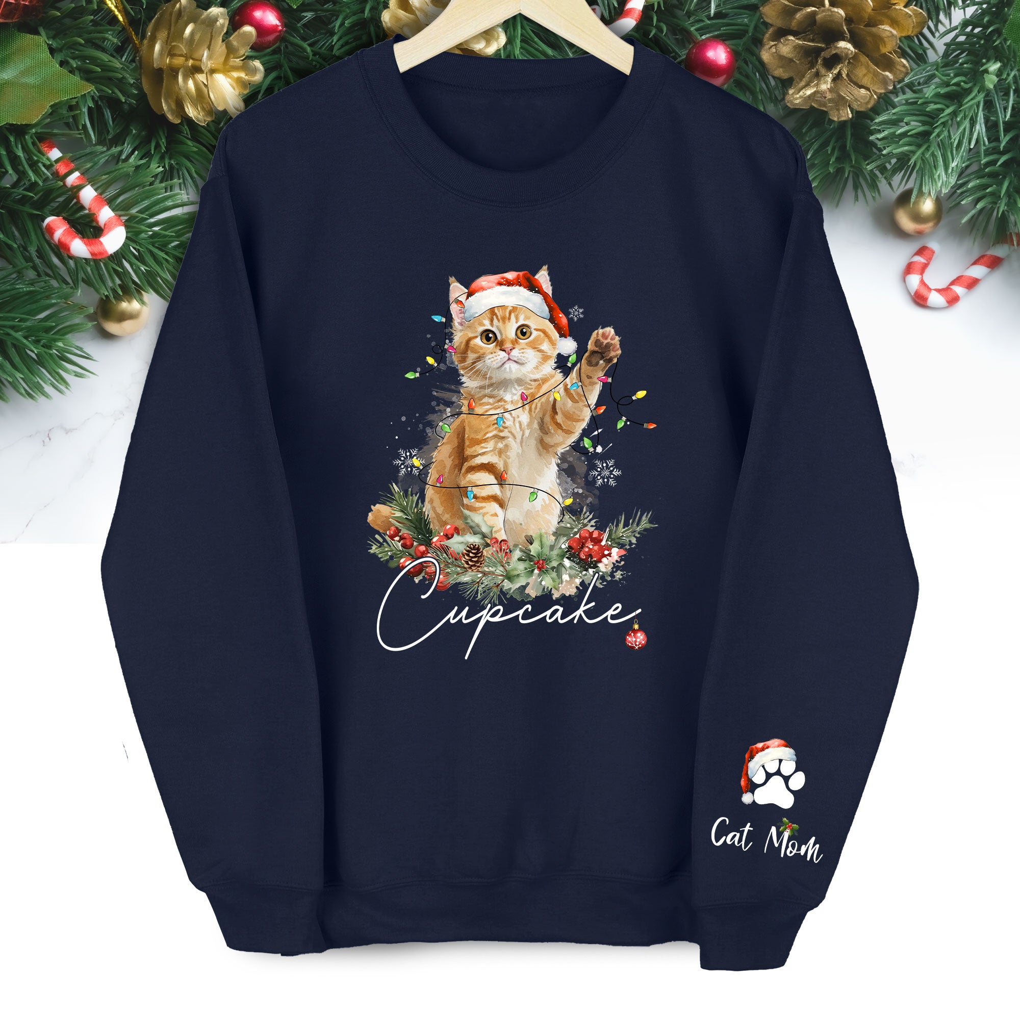 Custom Cat Christmas Sweatshirt – Personalized Holiday Pet Portrait Gift for Cat Moms