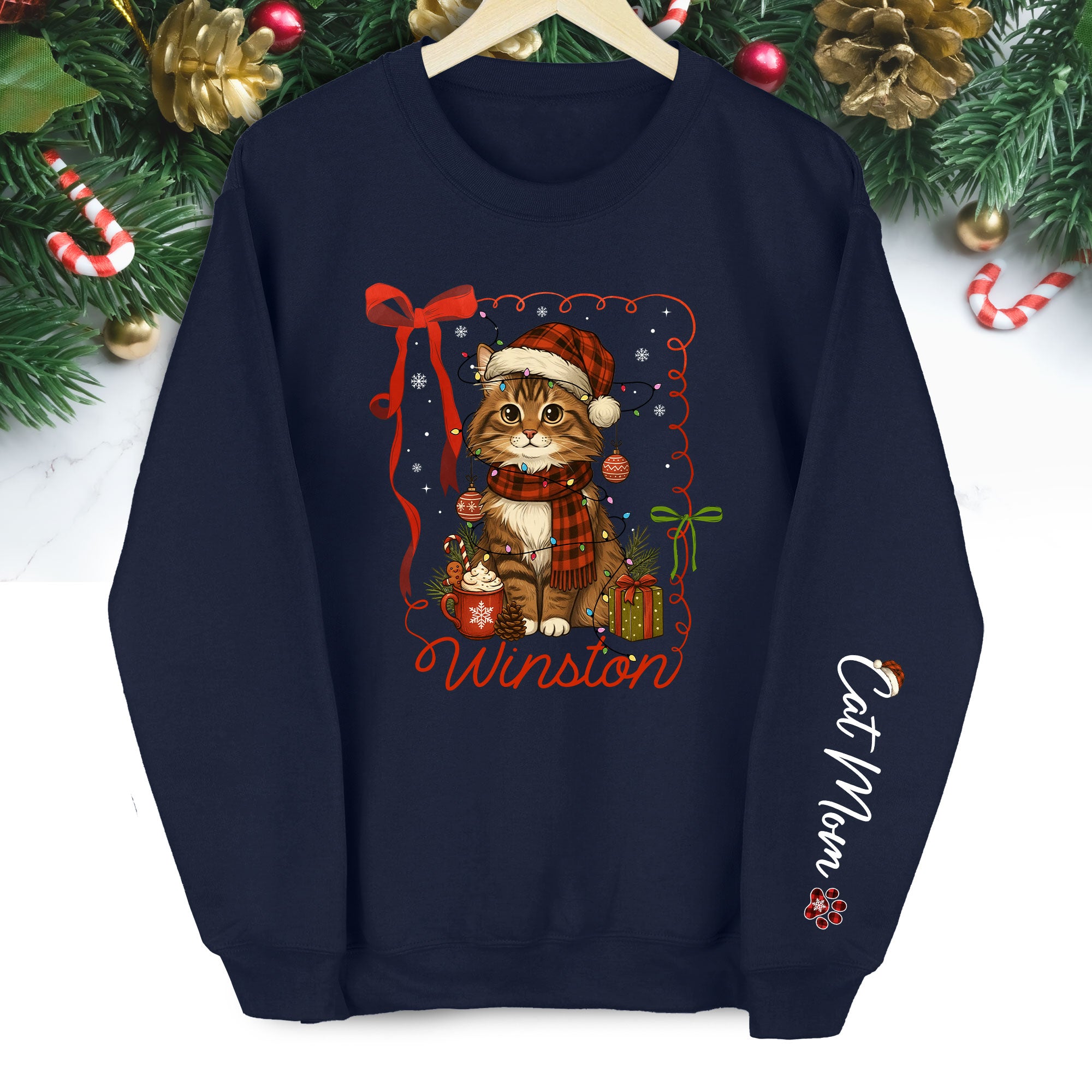Custom Cat Christmas Personalized Pet Portrait Holiday Gift Sweatshirt for Cat Moms