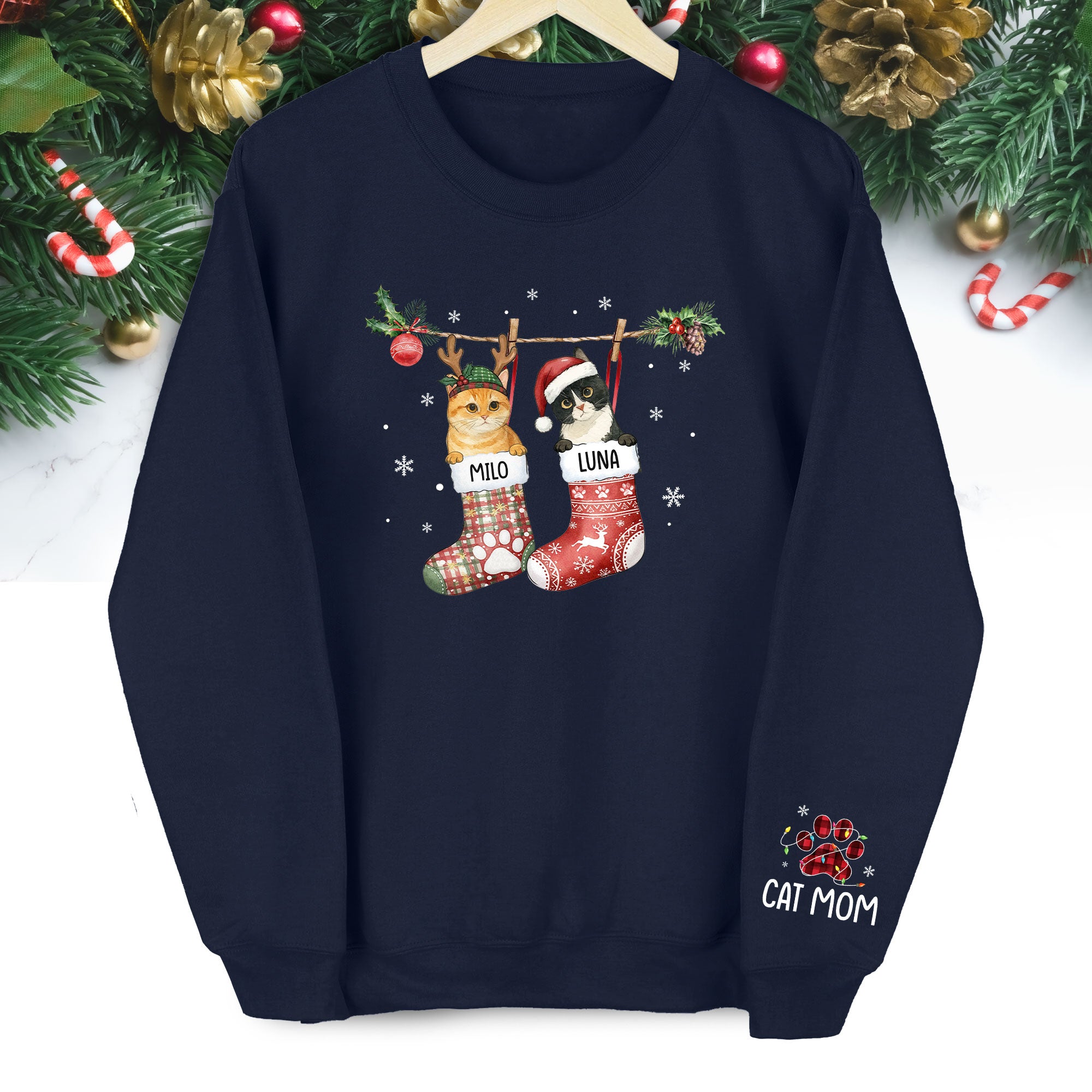 Custom Cats Christmas Sweatshirt – Personalized Pet Stocking Holiday Gift for Cat Moms