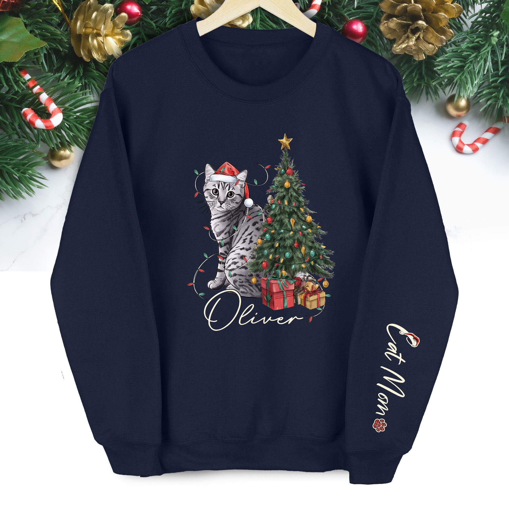 Custom Cat Christmas Sweatshirt – Personalized Gift for Cat Mom & Pet Lovers