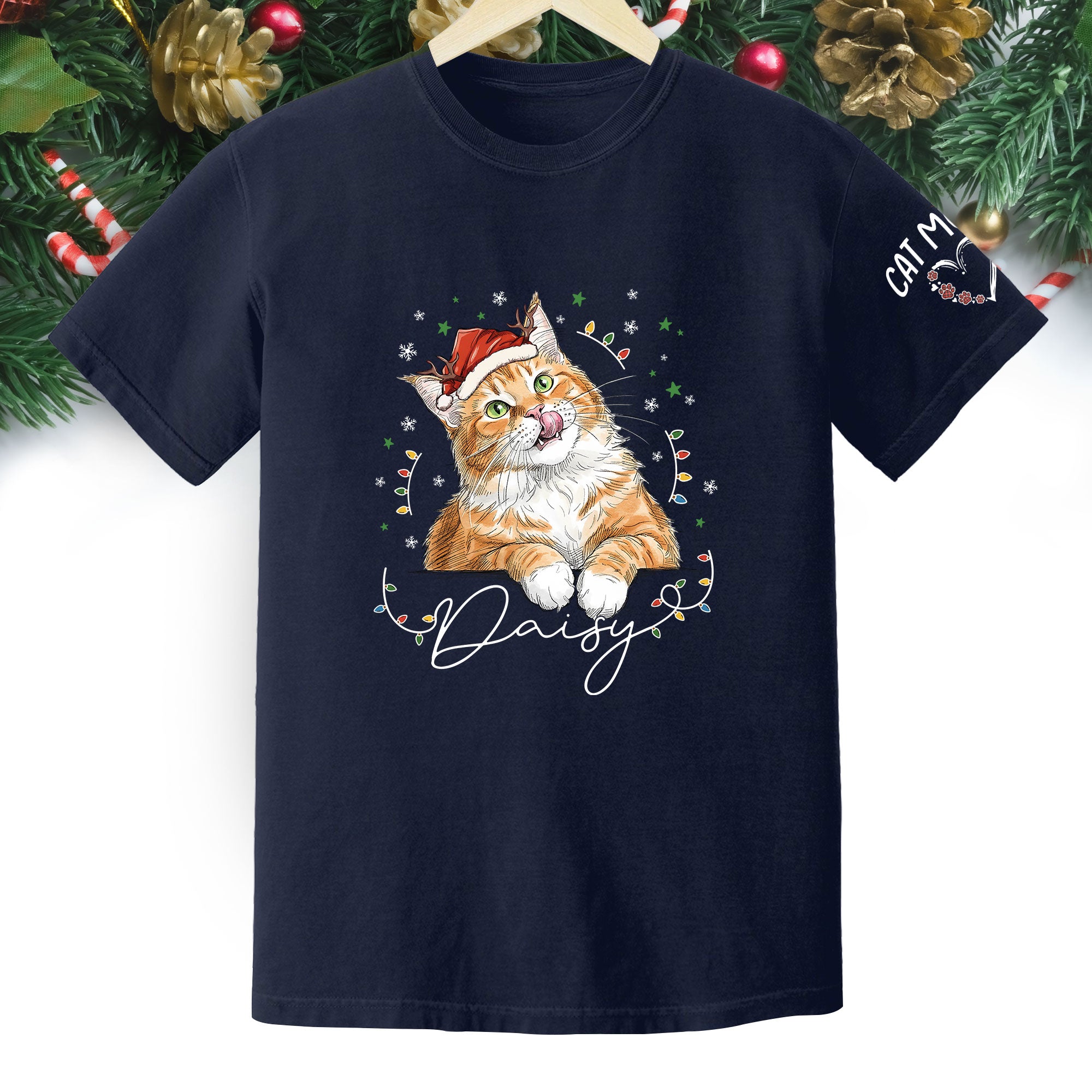 Christmas Cat T-Shirt – Custom Pet Photo Tee, Personalized Holiday Gift for Cat Lovers