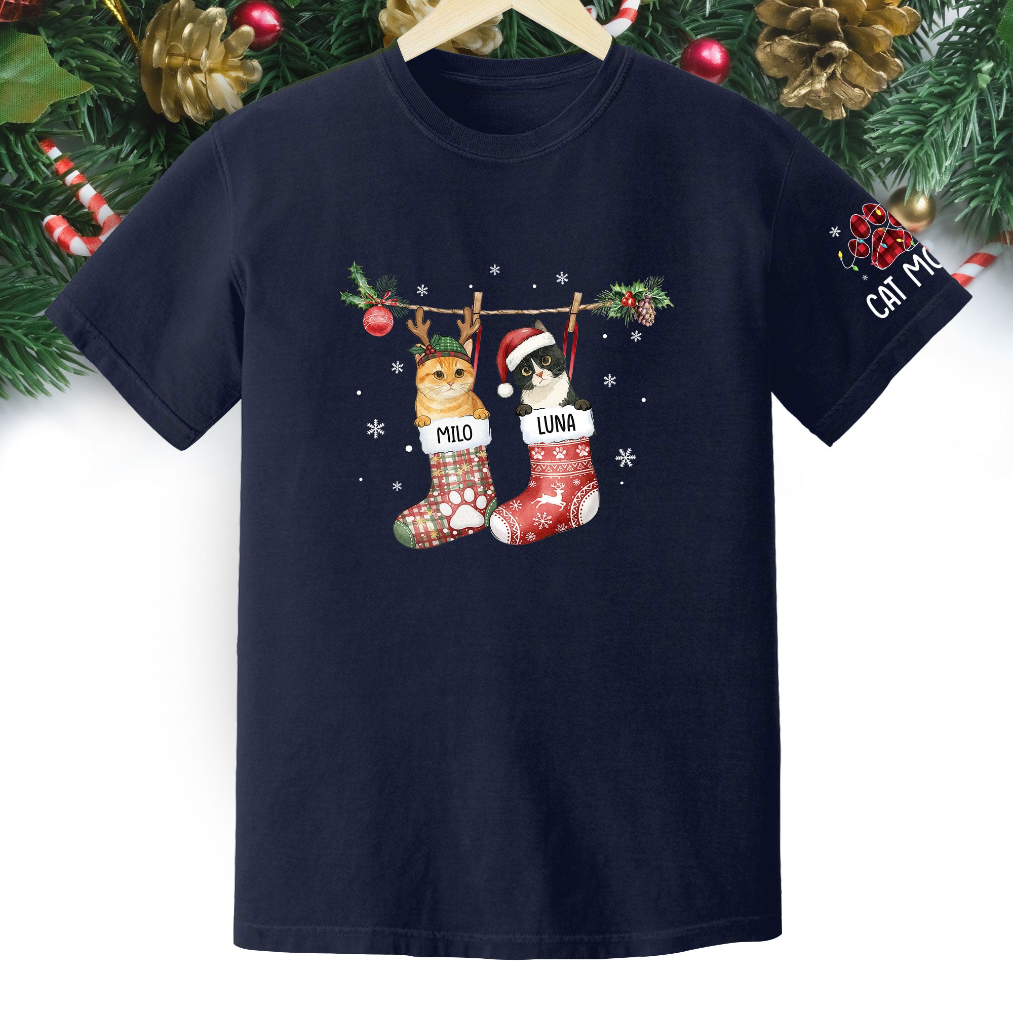 Personalized Cat Photo Christmas T-Shirt – Custom Pet Lover Gift for Cat Mom, Holiday Tee