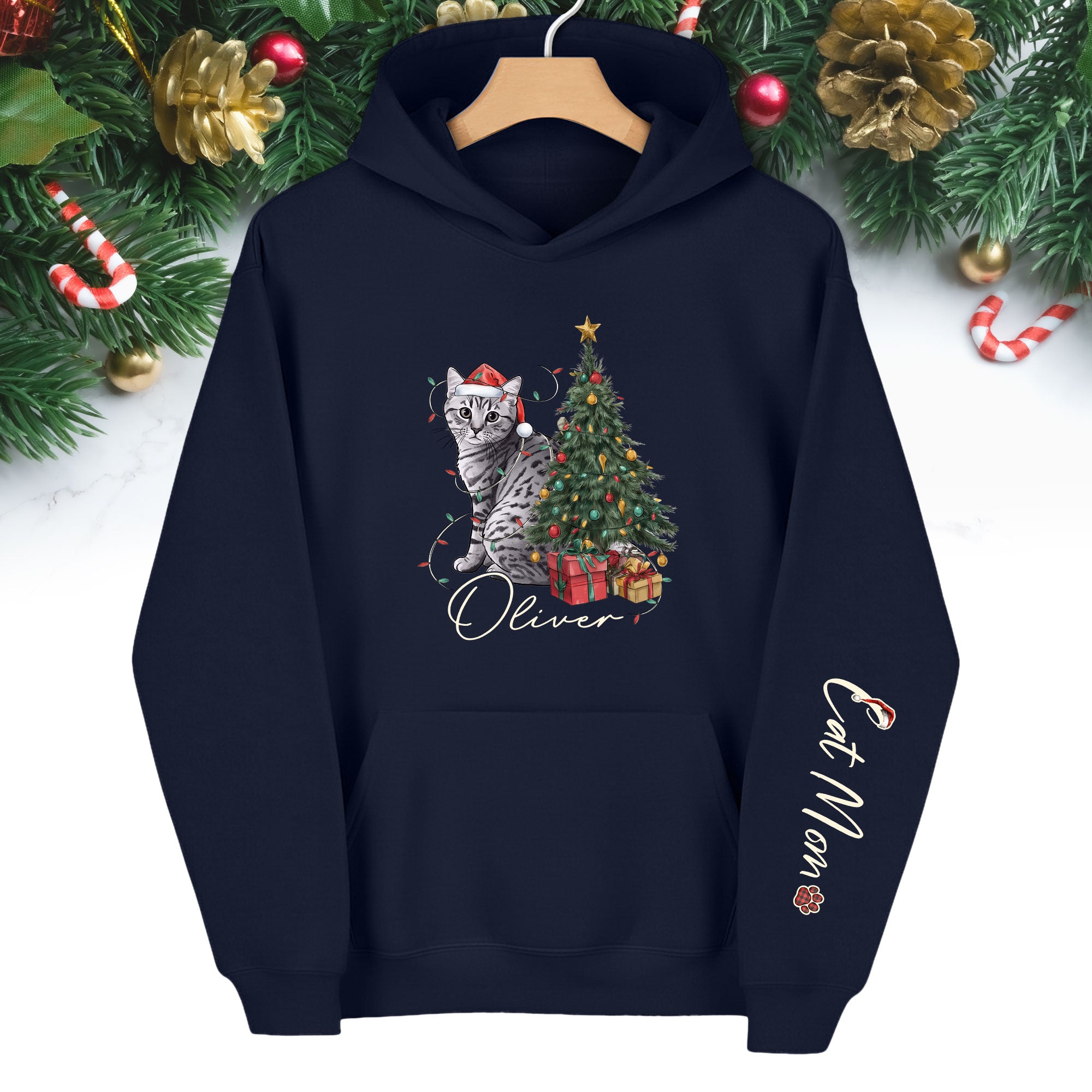 Personalized Cat Mom Christmas Hoodie – Custom Pet Photo Hoodie with Cat Name, Holiday Gift for Cat Lovers