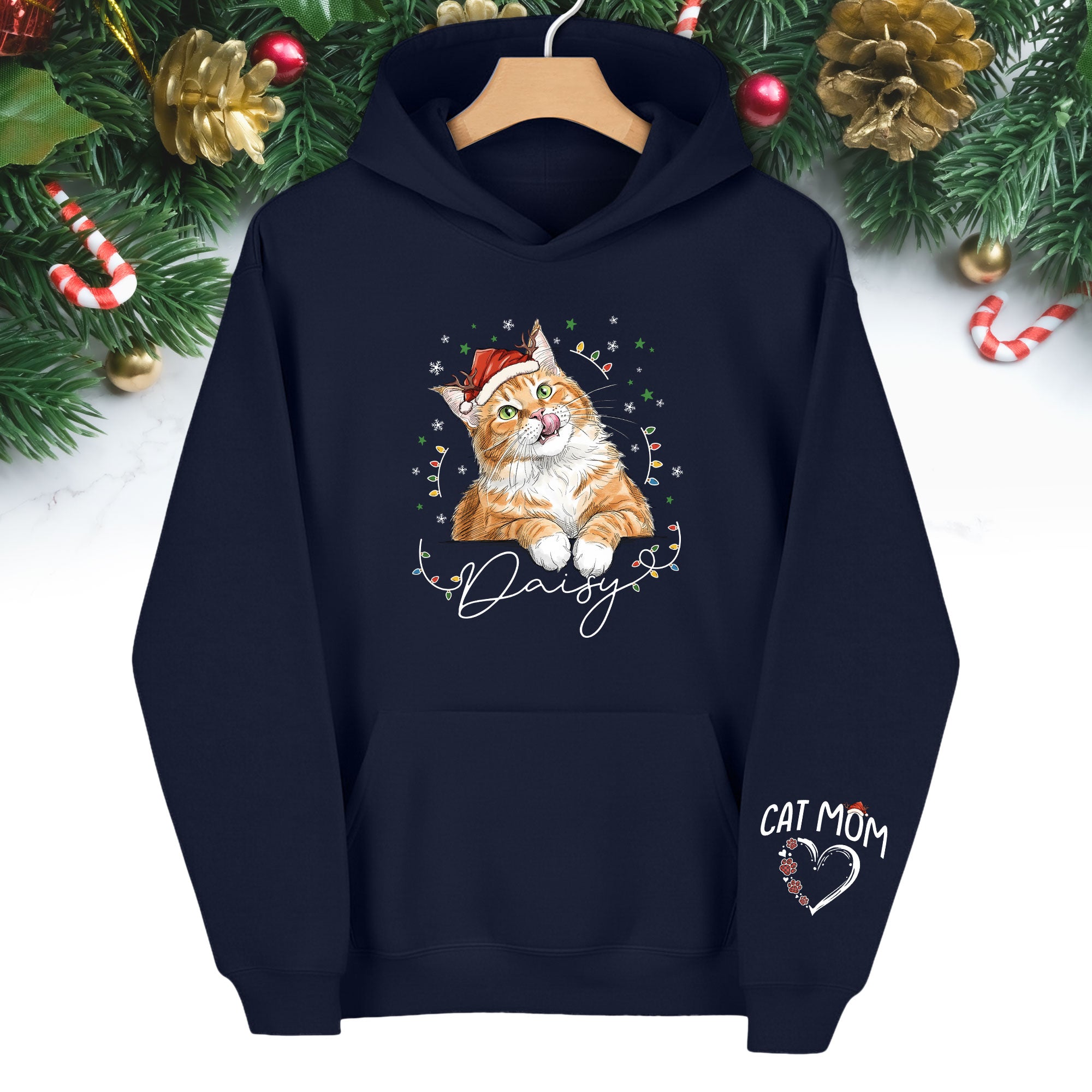 Personalized Cat Mom Christmas Hoodie – Custom Cat Photo Hoodie with Pet Name, Cute Holiday Gift for Cat Lovers