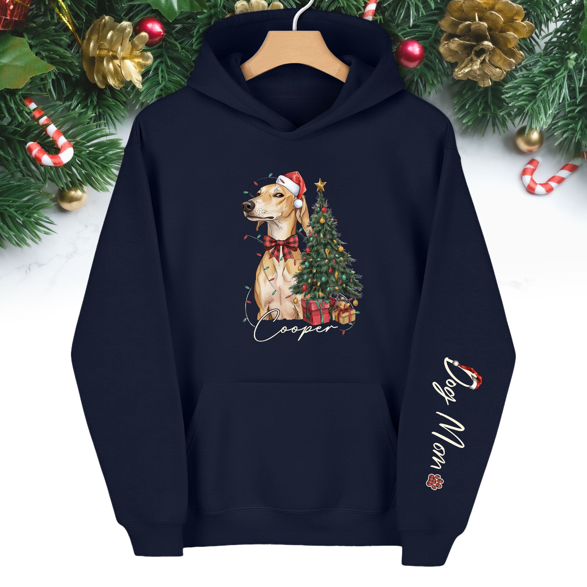 Personalized Dog Mom Christmas Hoodie, Custom Dog Photo Hoodie with Pet Name, Holiday Gift for Pet Lovers