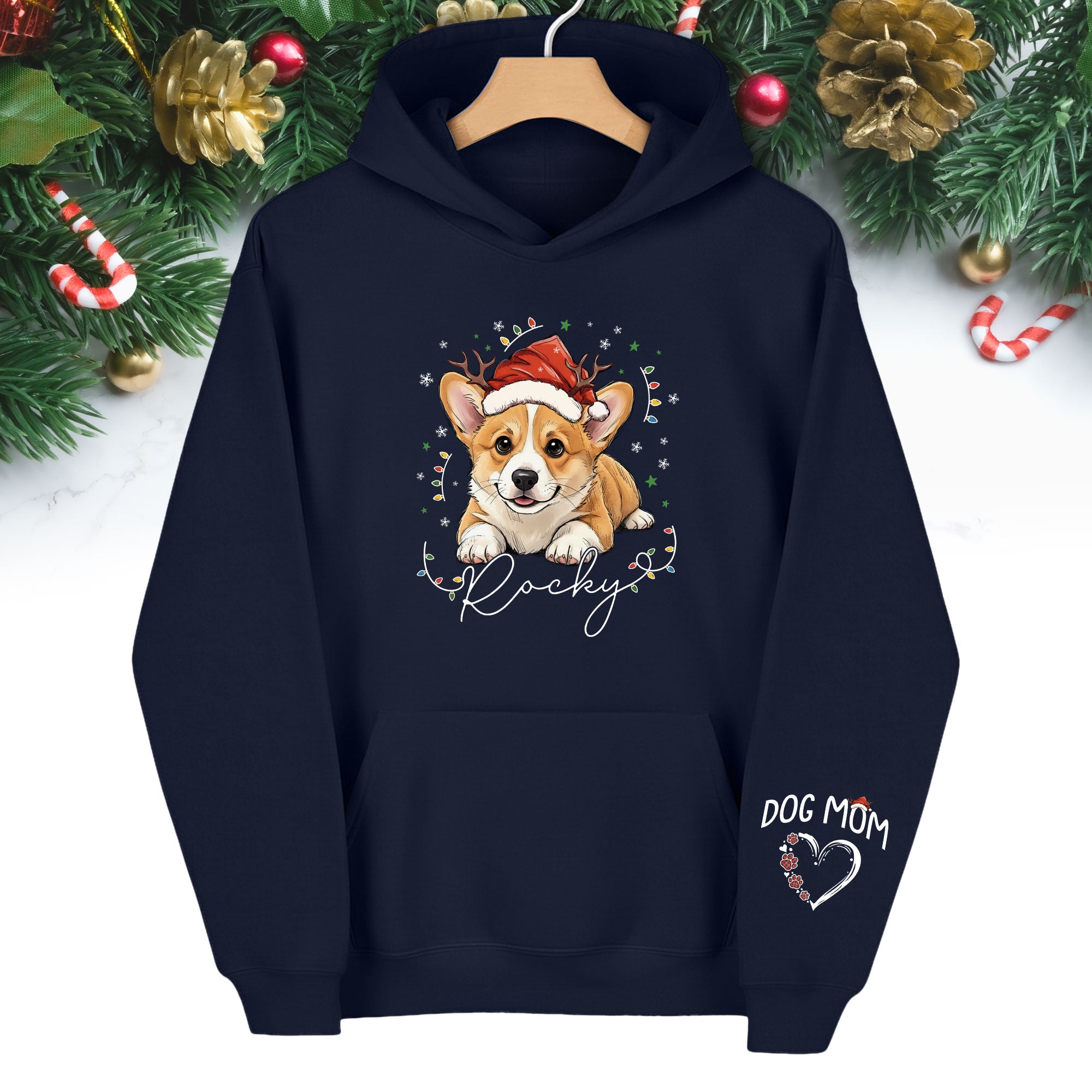 Personalized Dog Mom Christmas Hoodie – Custom Dog Photo Hoodie with Pet Name, Cute Holiday Gift for Dog Lovers