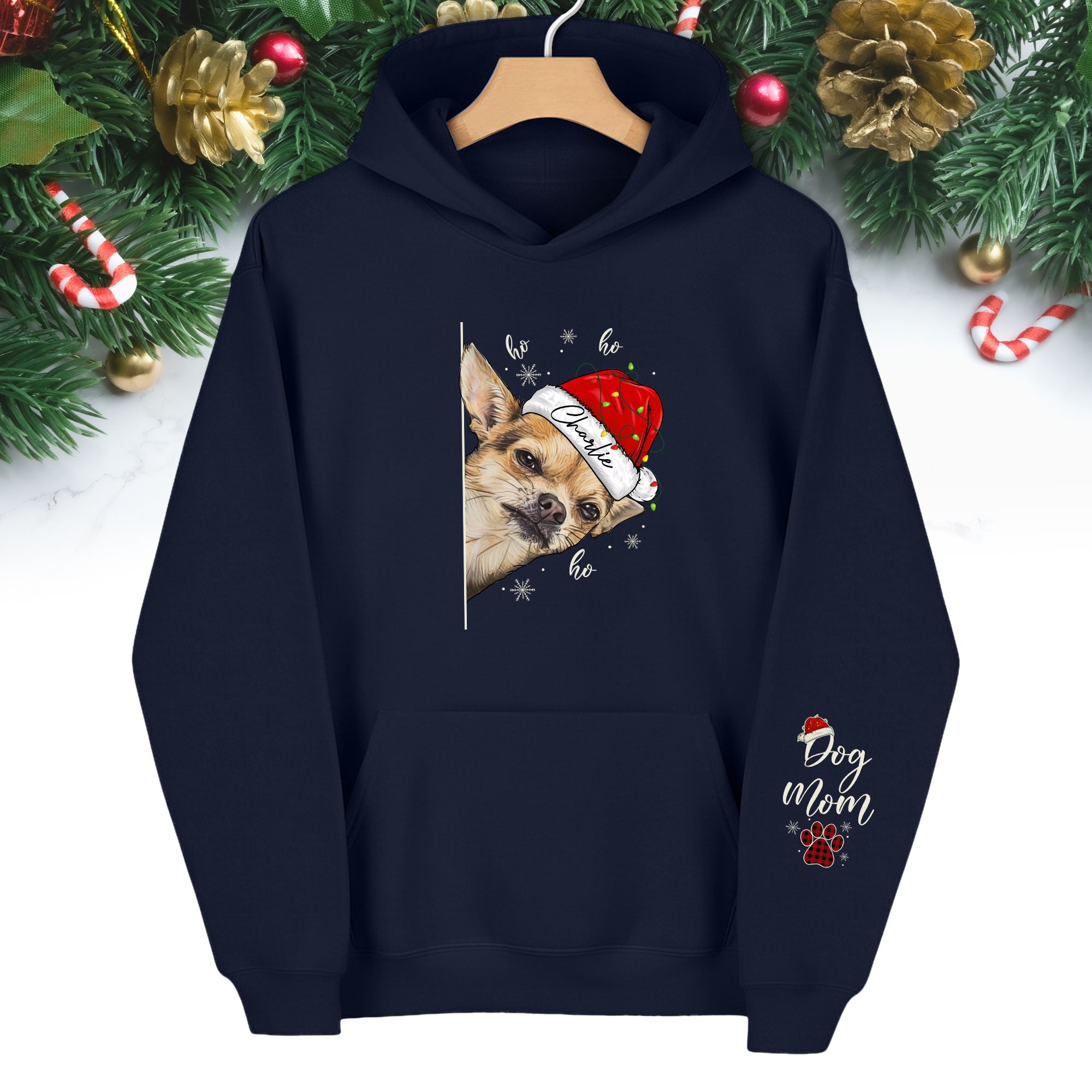 Custom Dog Mom Christmas Hoodie – Personalized Dog Photo Hoodie with Pet Name, Funny Holiday Gift for Dog Lovers