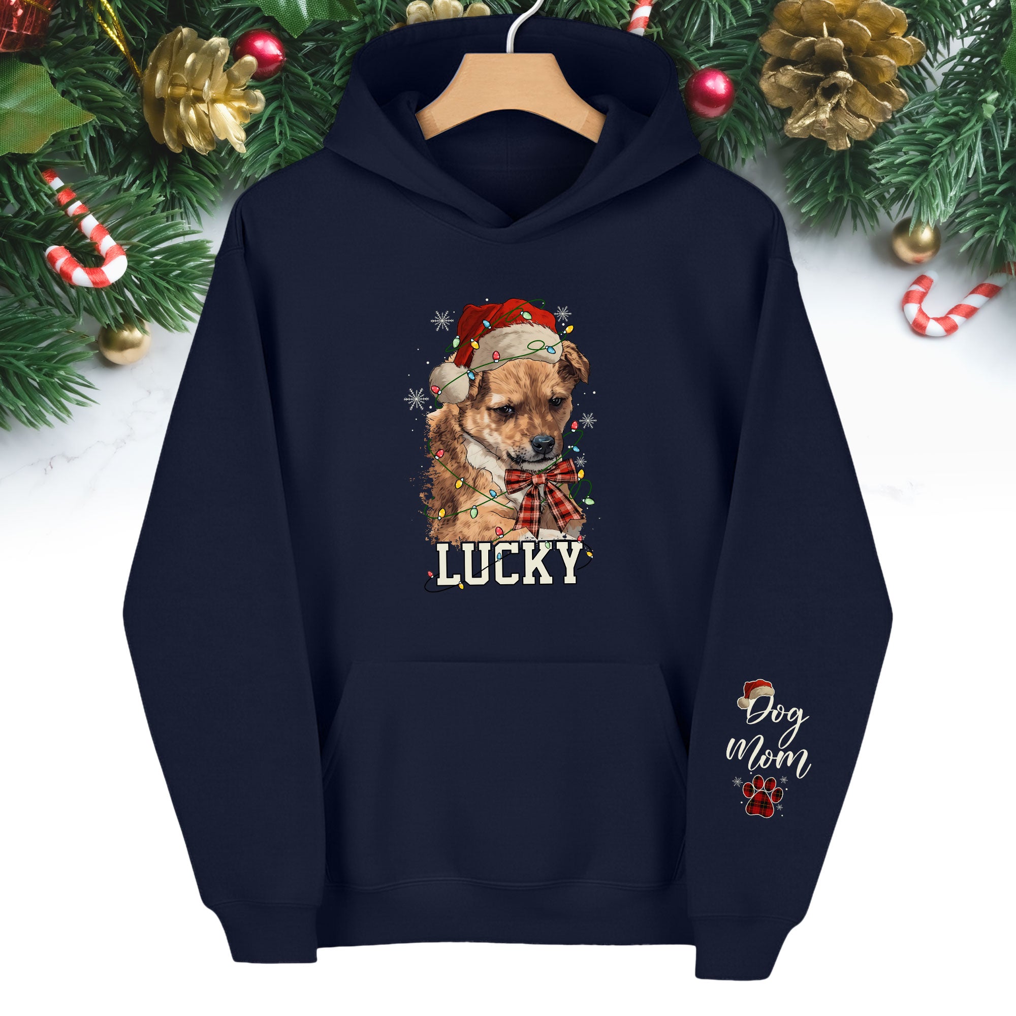 Personalized Dog Mom Christmas Hoodie – Custom Dog Photo Hoodie with Pet Name, Holiday Gift for Pet Lovers