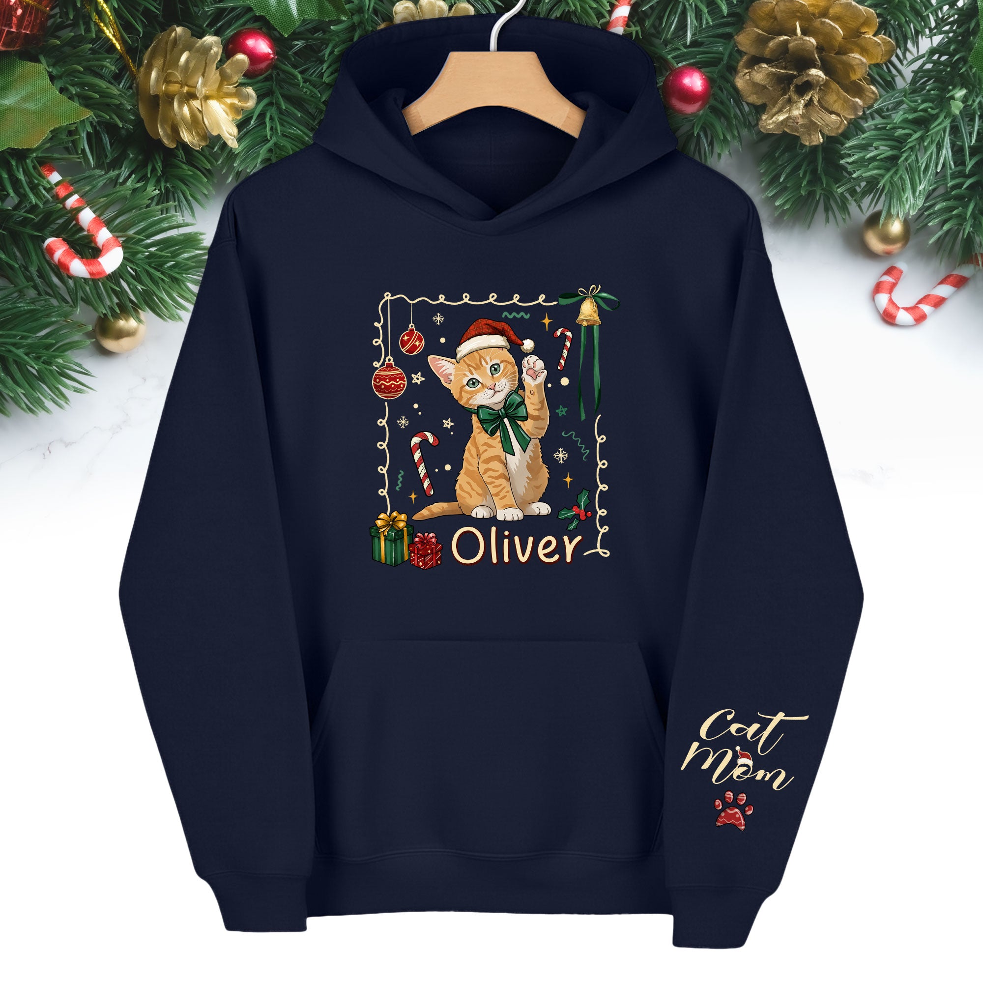 Custom Cat Christmas Hoodie – Personalized Pet Portrait Gift for Cat Moms