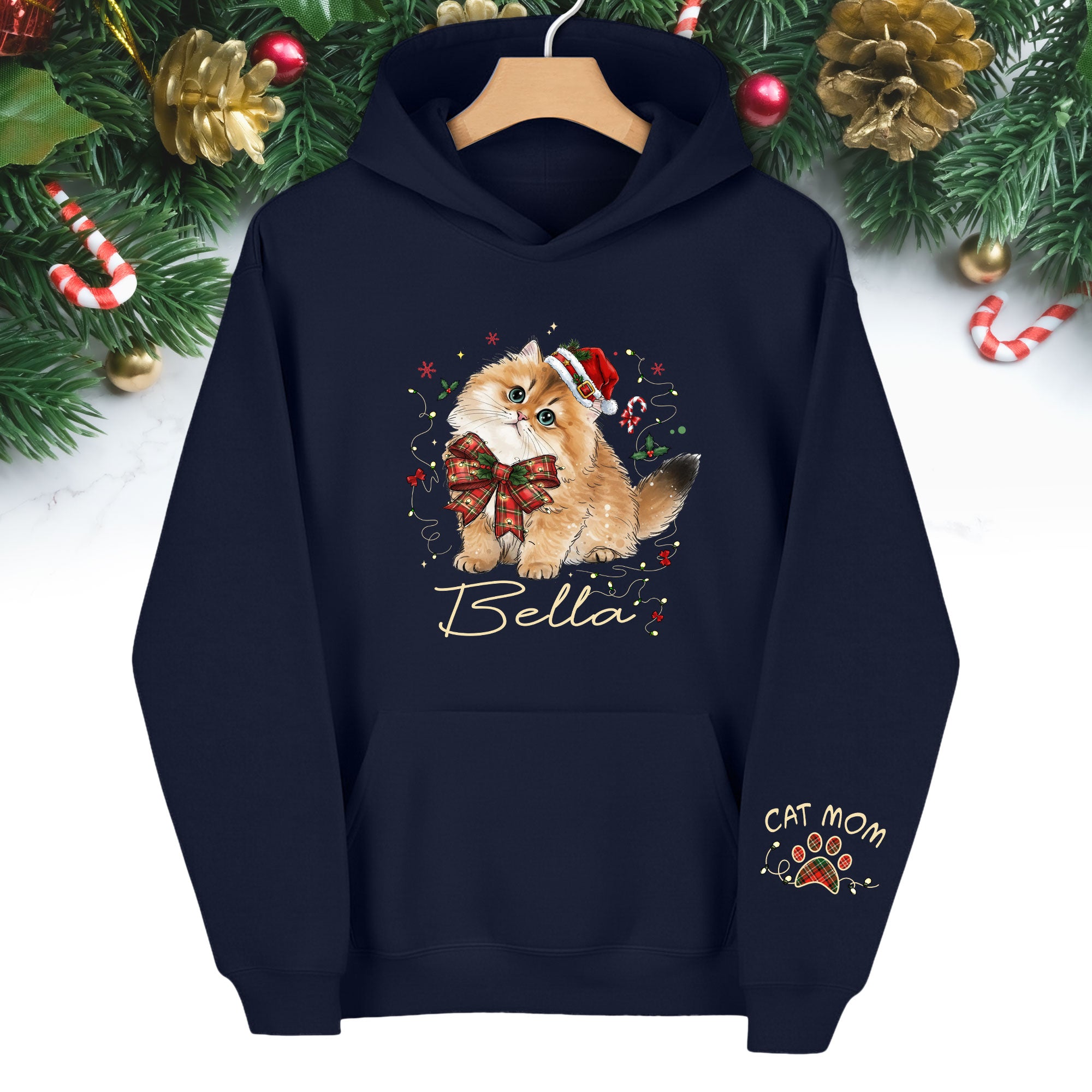 Personalized Cat Portrait Christmas Hoodie – Custom Pet Photo Gift for Cat Moms
