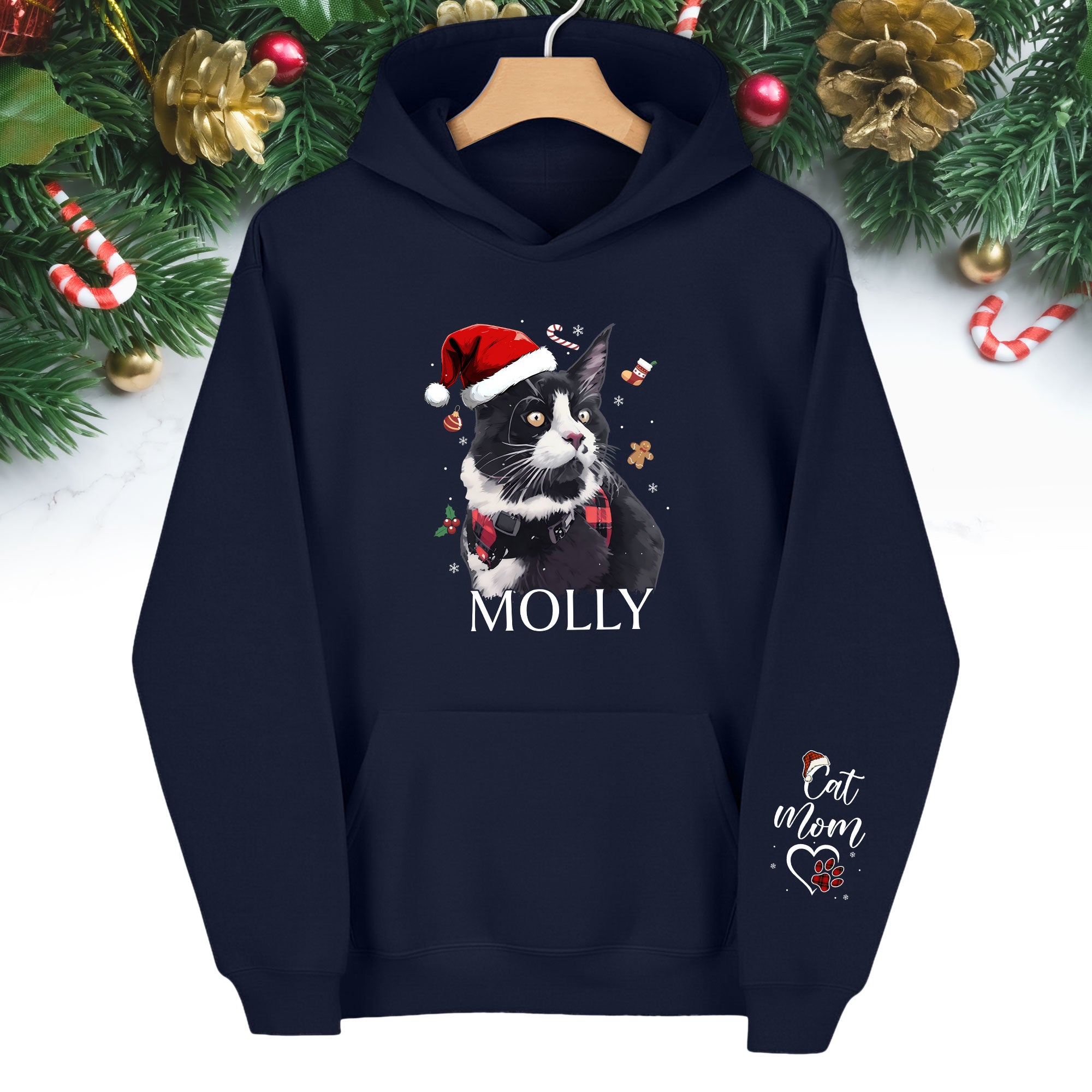 Custom Cat Photo Hoodie – Personalized Holiday Hoodie with Cat Design for Cat Moms
