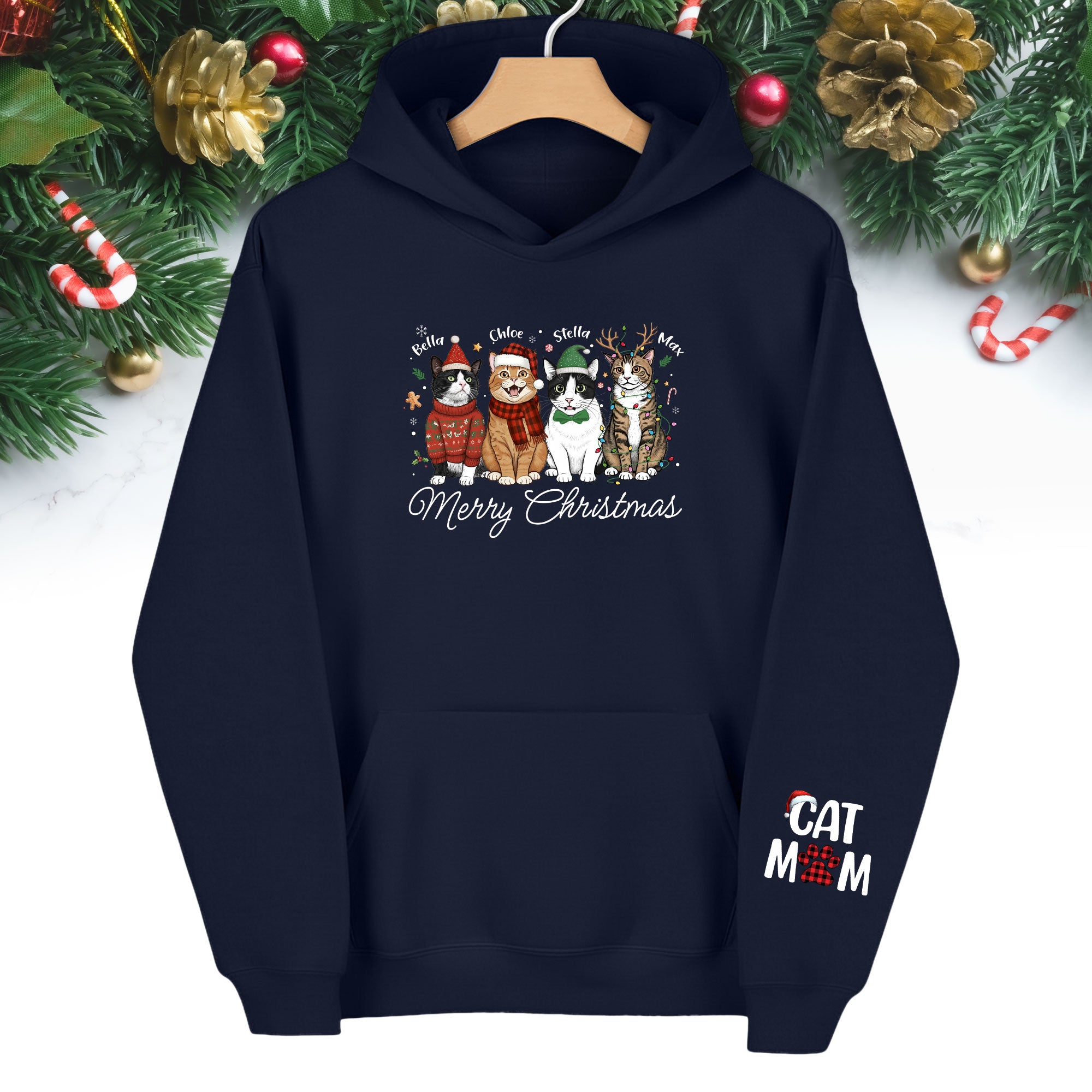 Custom Pet Christmas Hoodie – Personalized Cat Photo Hoodie for Pet Moms