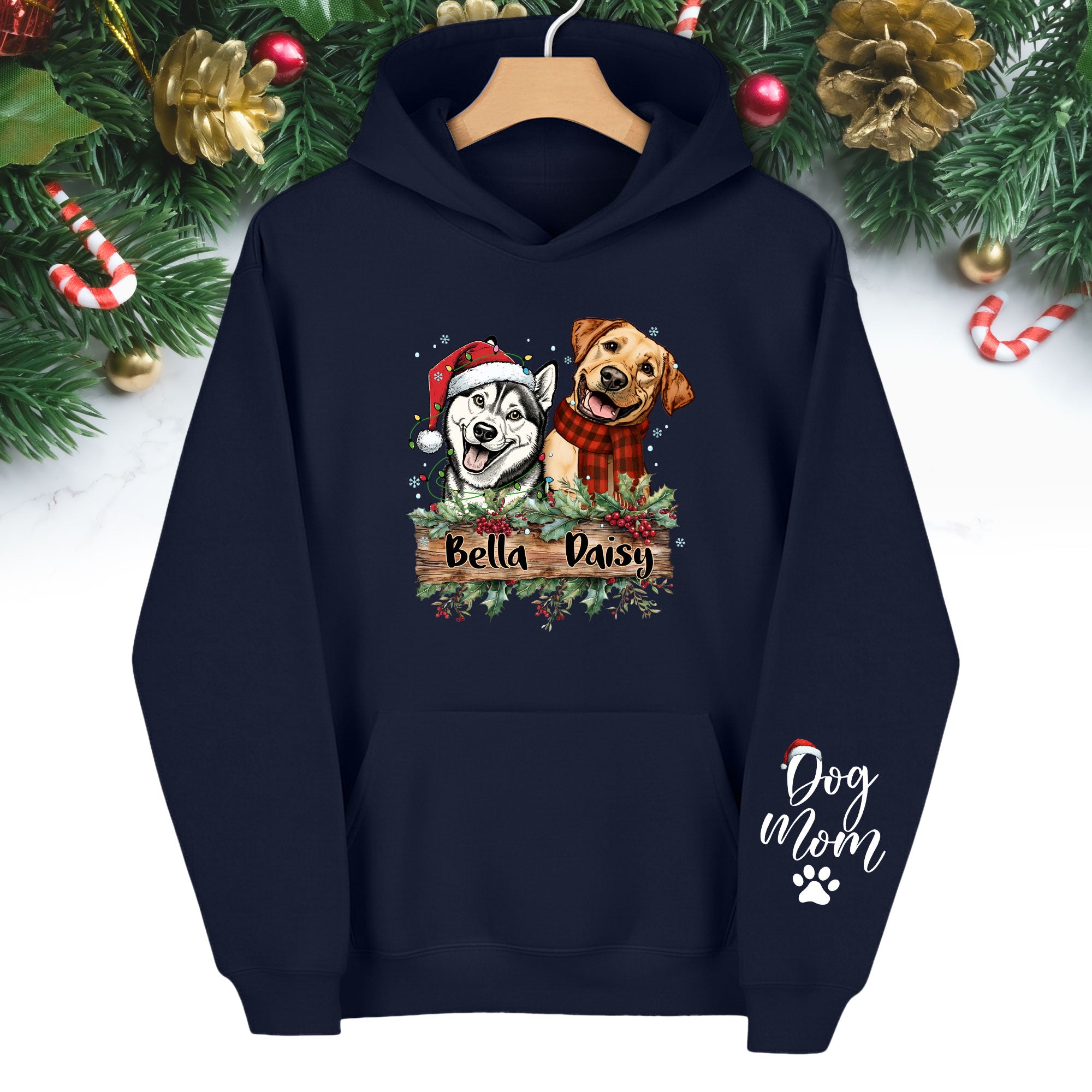 Dog Mom Christmas Hoodie – Custom Pet Photo Hoodie, Personalized Holiday Gift for Dog Mom