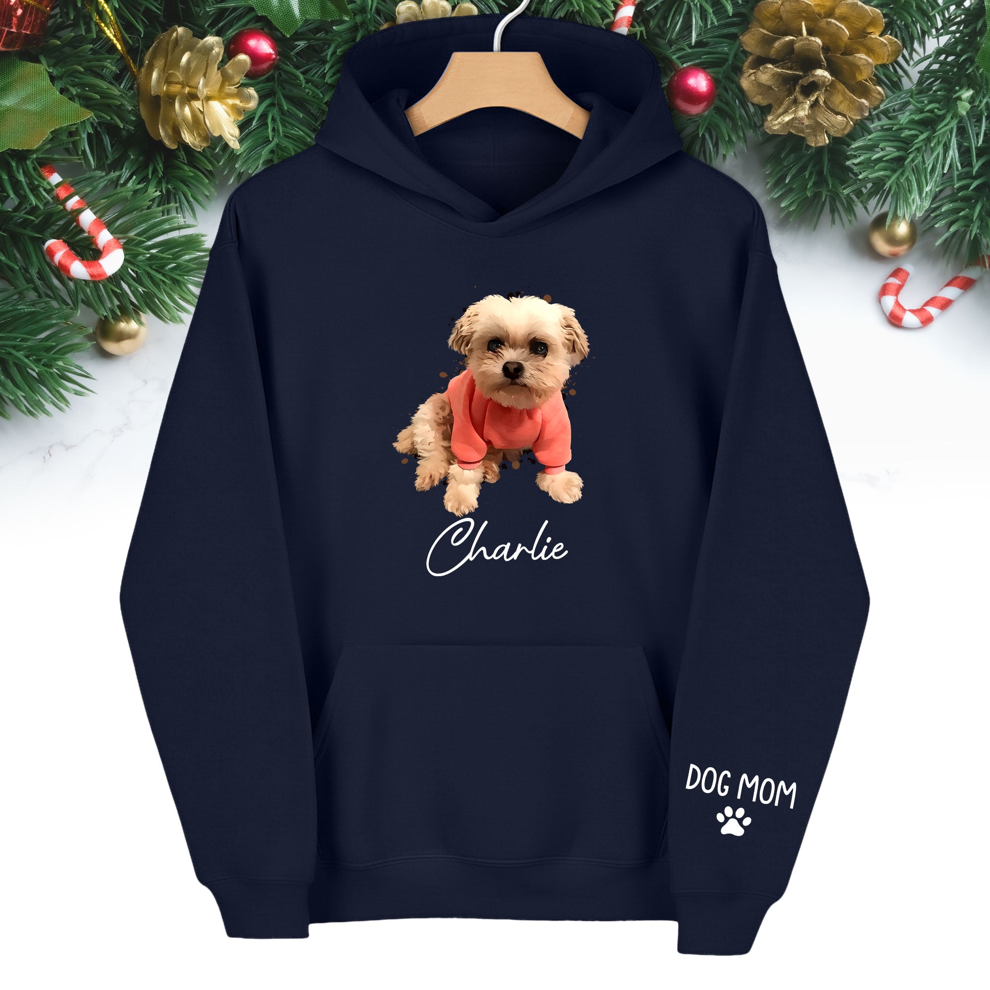 Personalized Dog Mom Hoodie – Custom Dog Photo Hoodie with Pet Name, Unique Holiday Gift for Pet Lovers