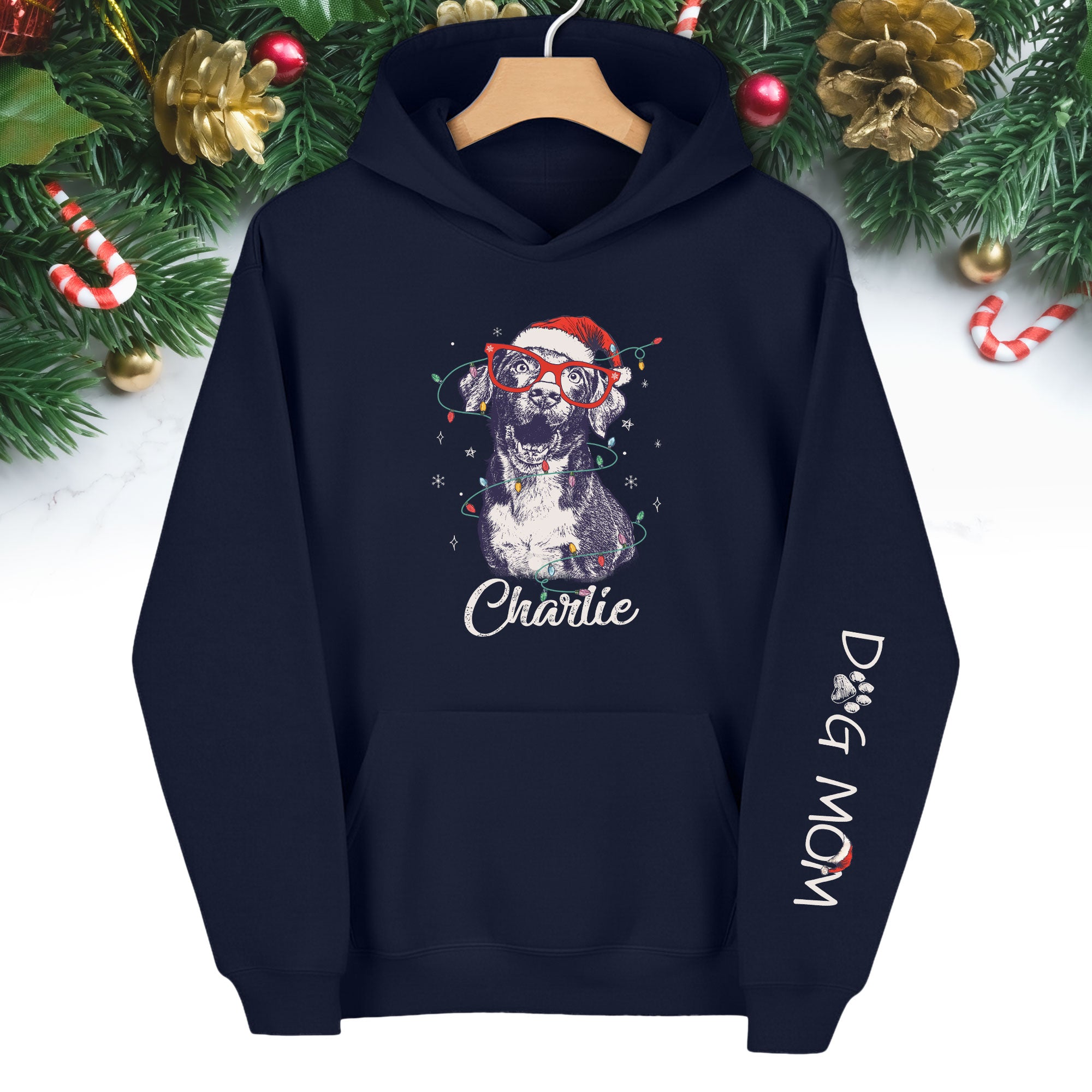 Personalized Dog Mom Hoodie – Custom Dog Photo Hoodie with Holiday Design