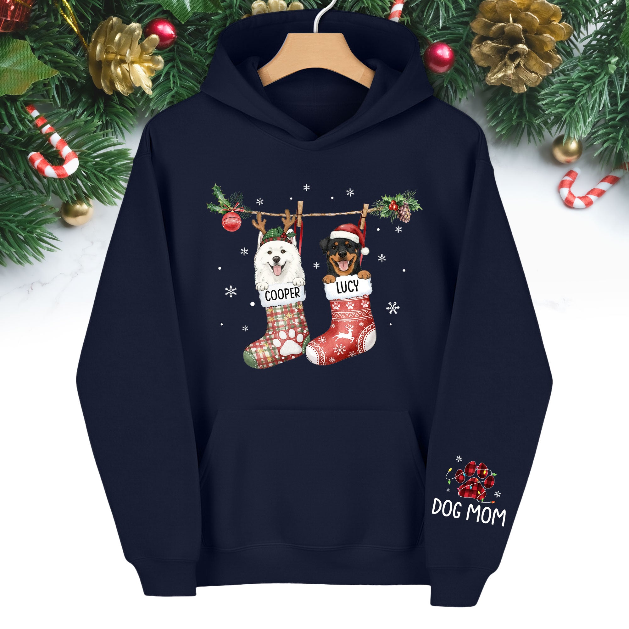 Custom Christmas Dog Hoodie – Personalized Holiday Hoodie with Your Dog’s Photo in Festive Stockings