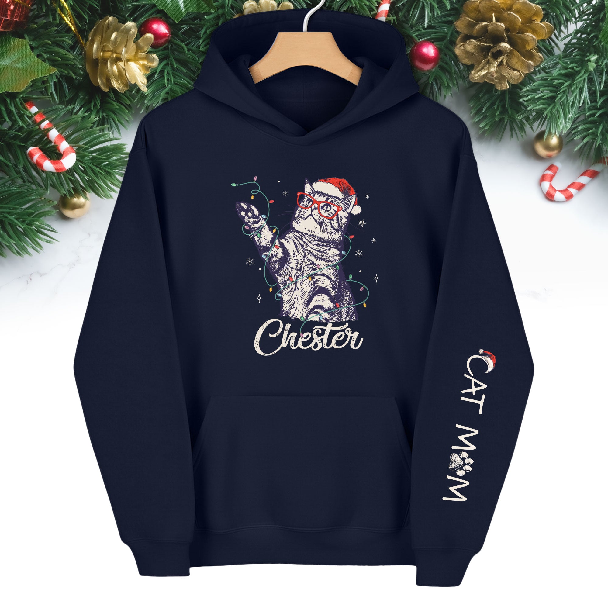 Christmas Cat Mom Hoodie – Personalized Cat Photo Hoodie, Custom Holiday Gift for Women