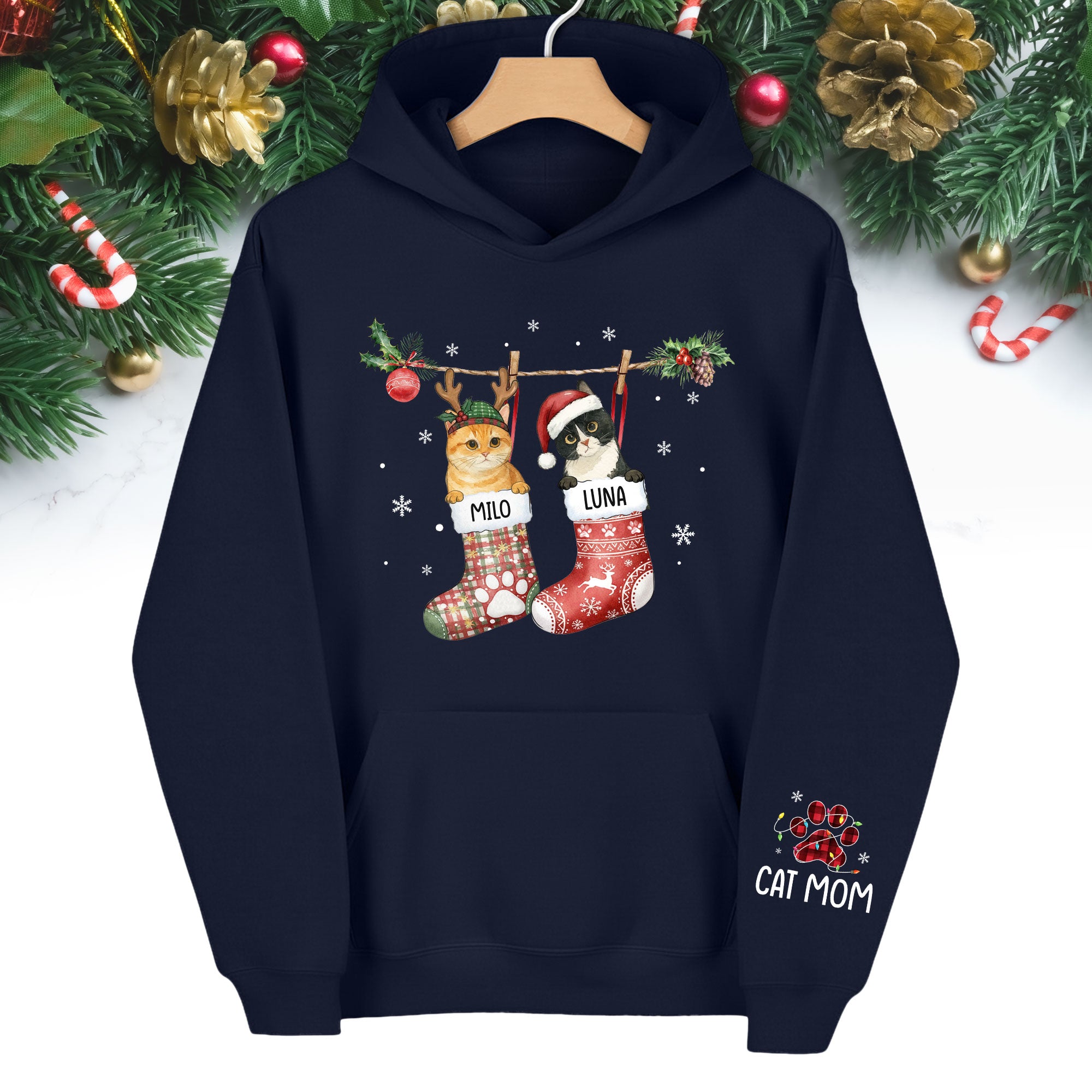 Christmas Cat Lover Hoodie – Custom Pet Photo Hoodie, Personalized Gift for Women