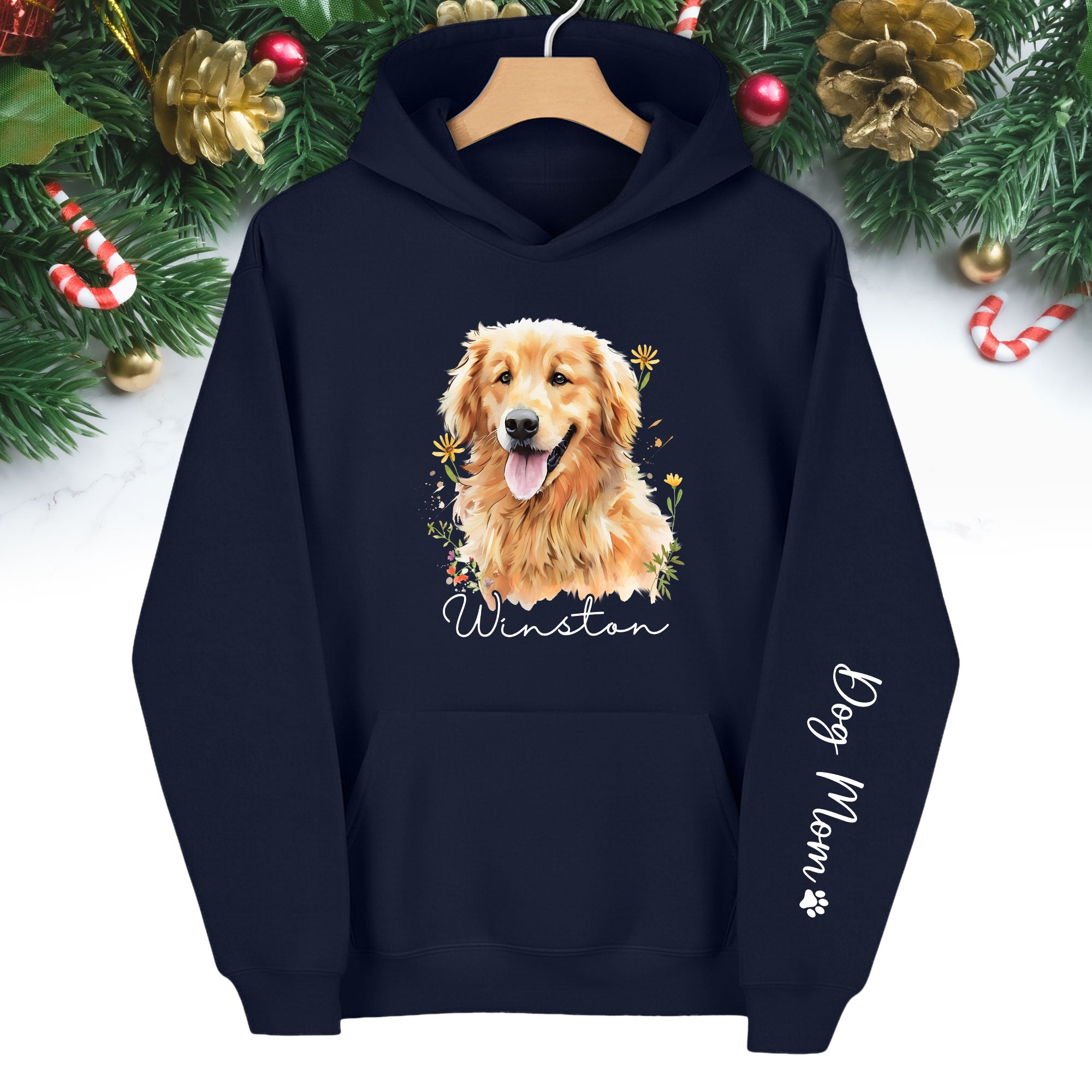 Custom Pet Photo Hoodie – Personalized Dog Portrait with Floral Design, Dog Mom Gift