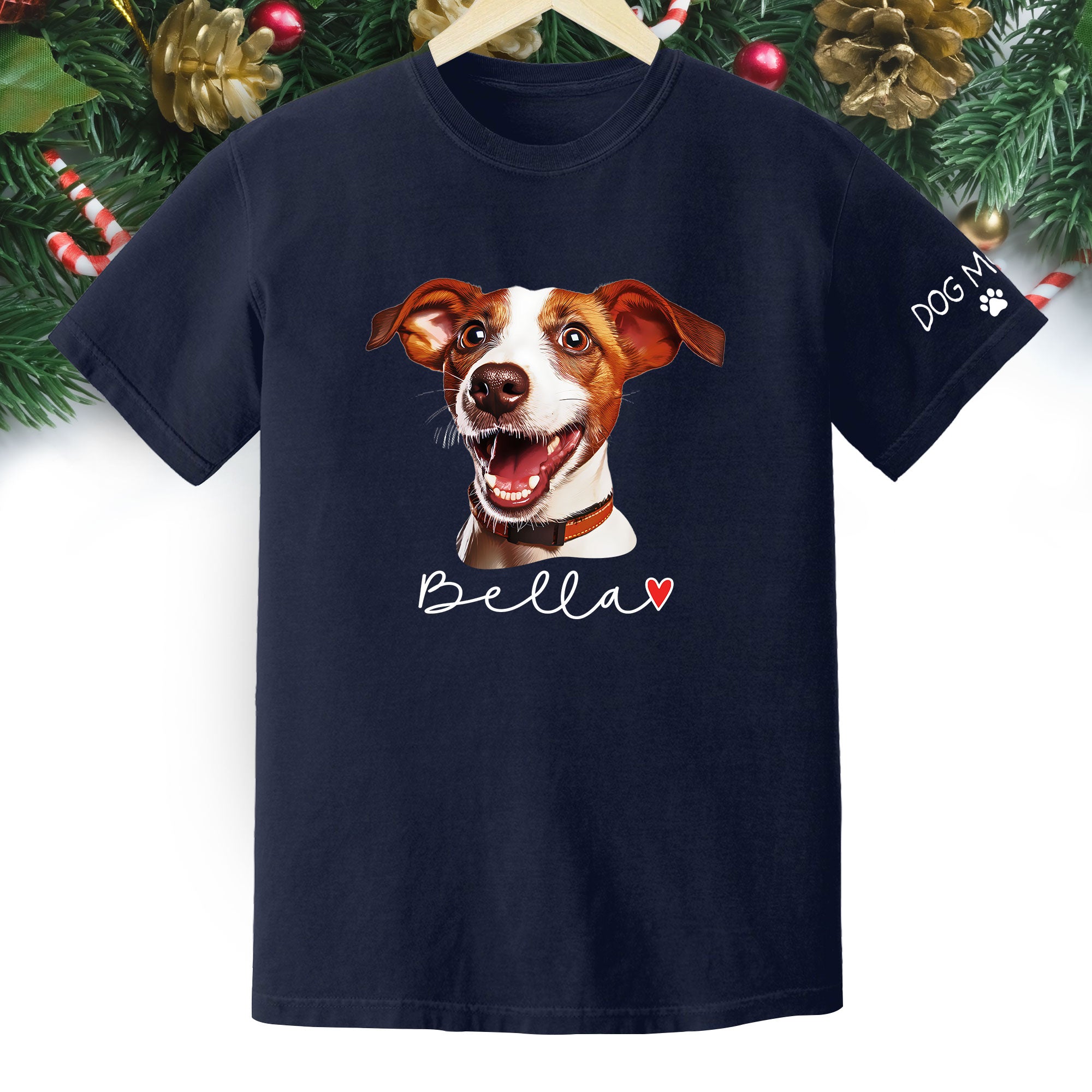 Dog Mom Christmas Shirt – Custom Pet Portrait Tee, Personalized Holiday Gift for Women