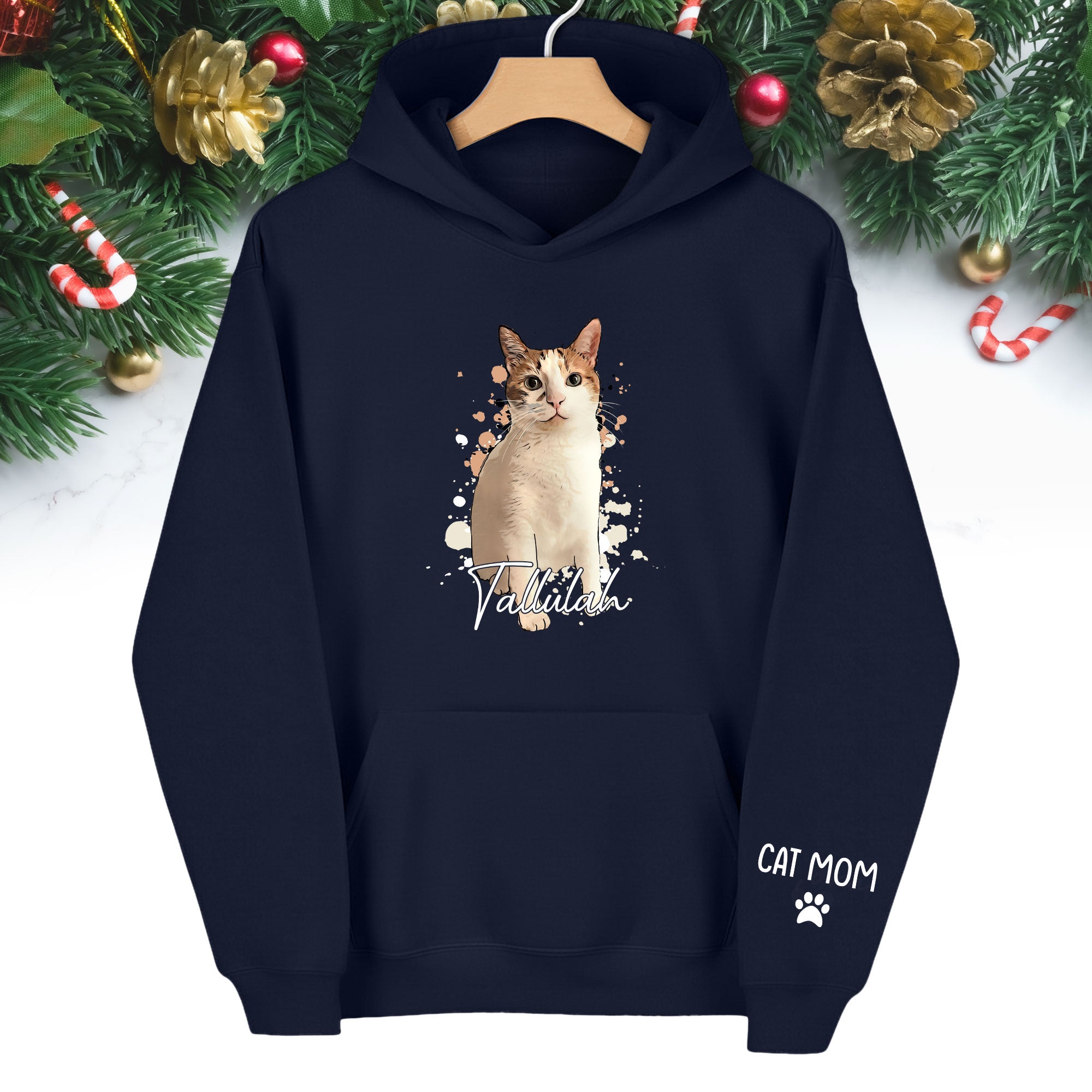 Personalized Cat Mom Hoodie – Custom Cat Photo Hoodie with Pet Name, Unique Holiday Gift for Cat Lovers