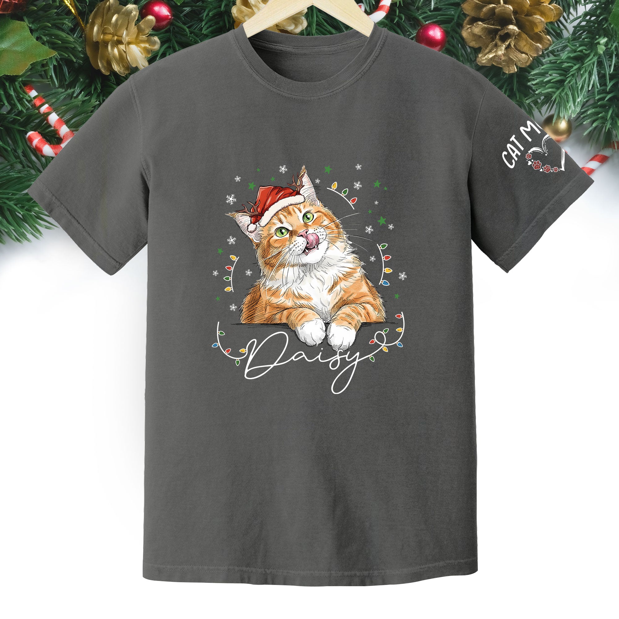 Christmas Cat T-Shirt – Custom Pet Photo Tee, Personalized Holiday Gift for Cat Lovers