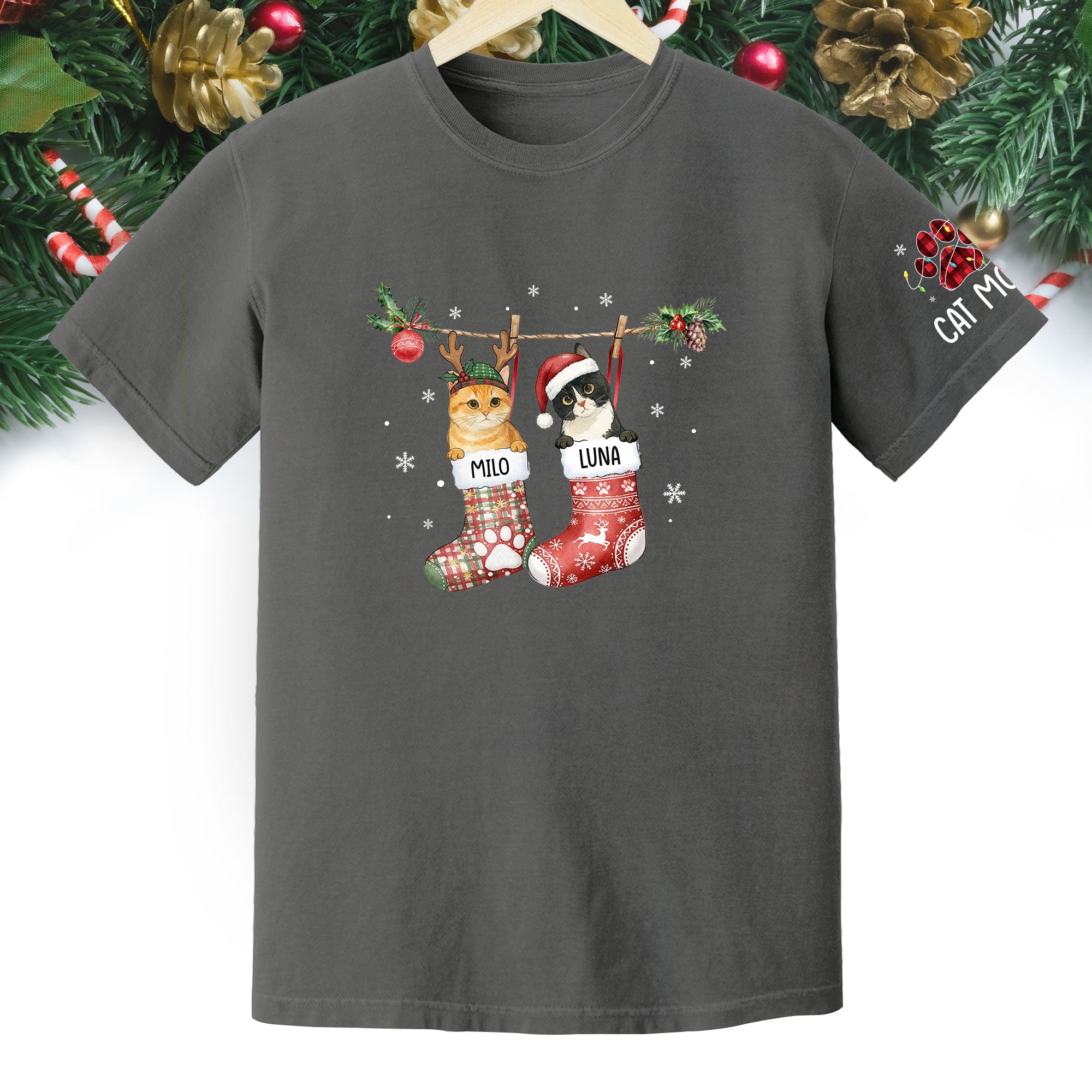 Personalized Cat Photo Christmas T-Shirt – Custom Pet Lover Gift for Cat Mom, Holiday Tee