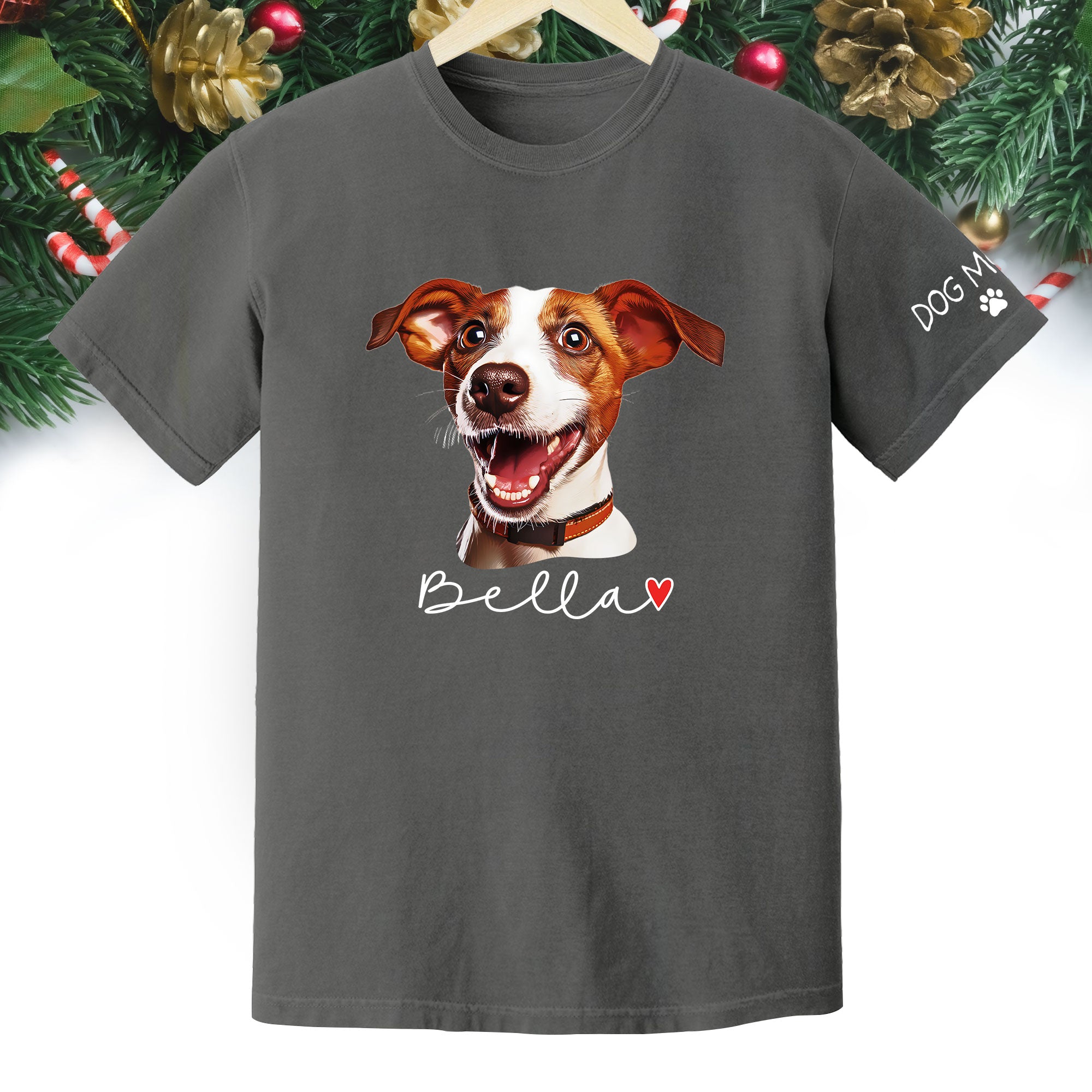 Dog Mom Christmas Shirt – Custom Pet Portrait Tee, Personalized Holiday Gift for Women