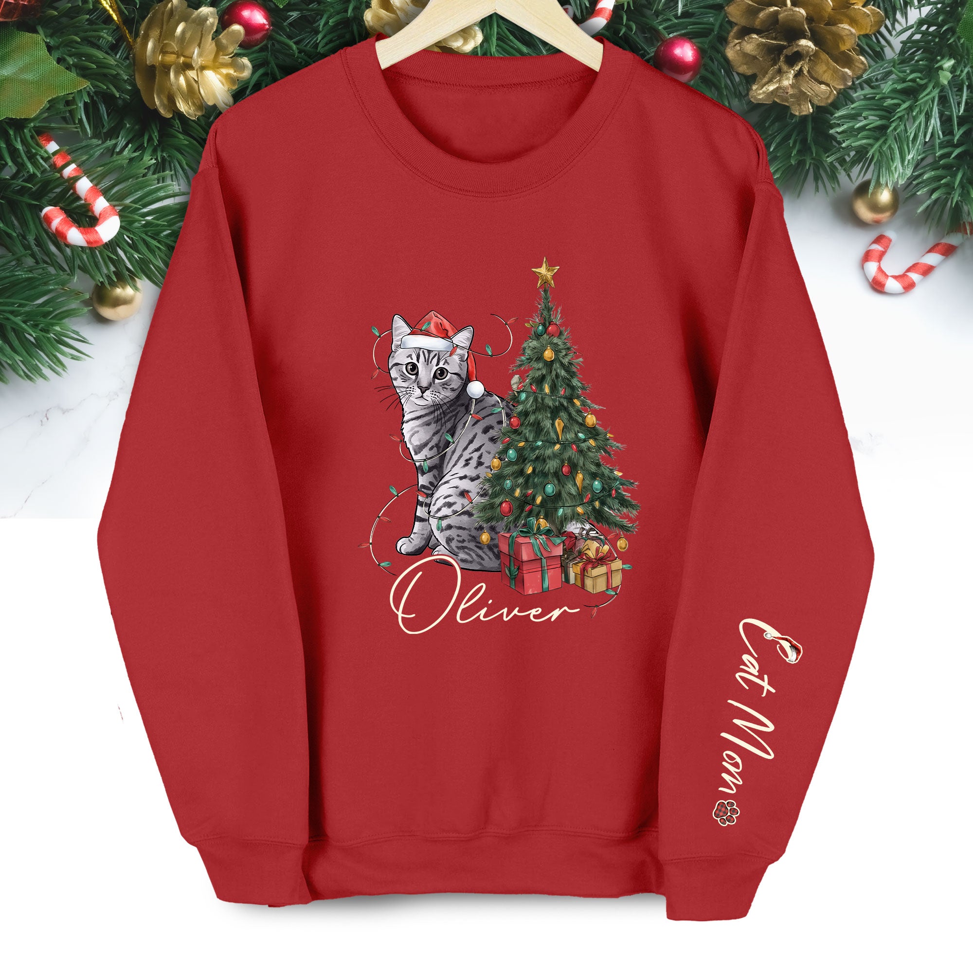Custom Cat Christmas Sweatshirt – Personalized Gift for Cat Mom & Pet Lovers