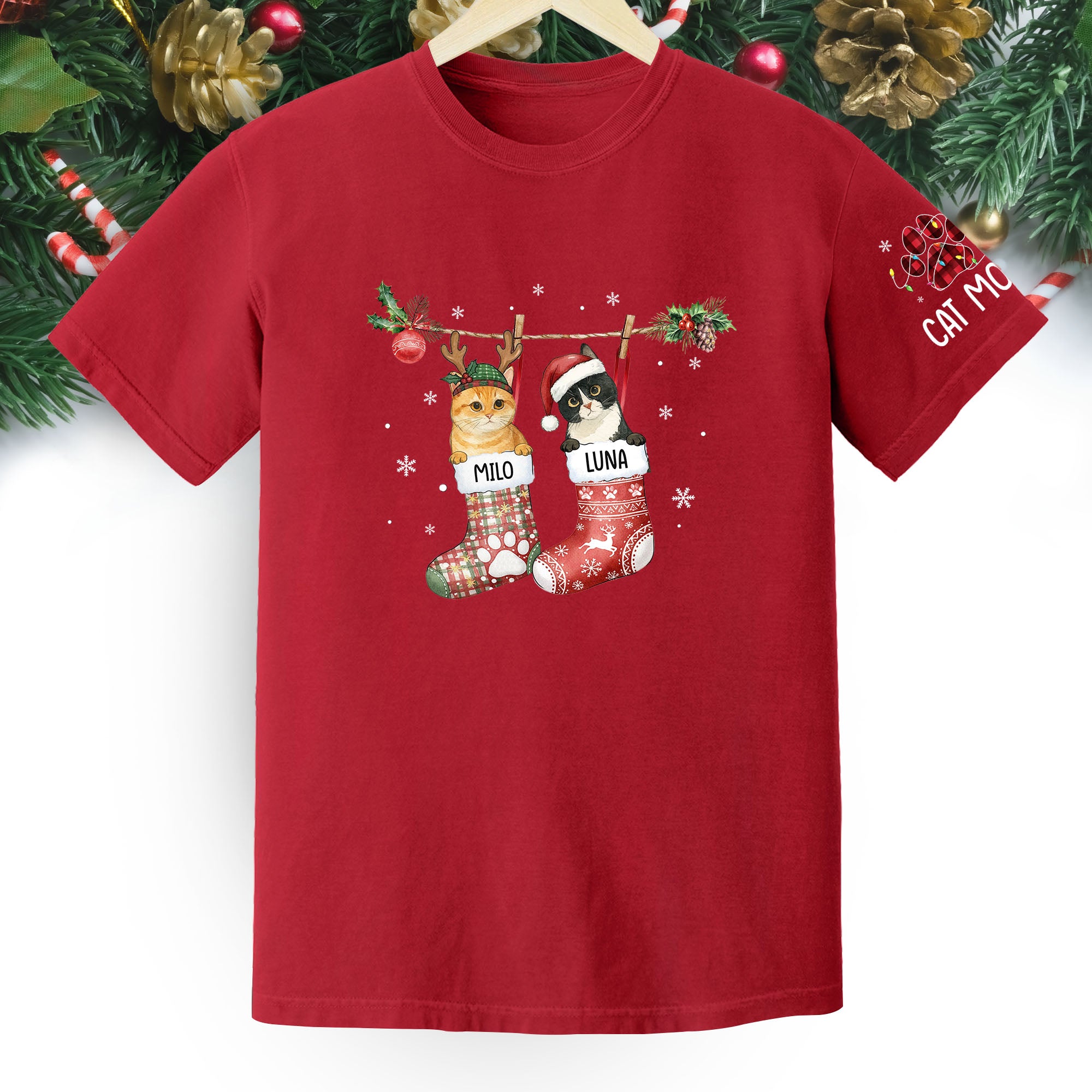 Personalized Cat Photo Christmas T-Shirt – Custom Pet Lover Gift for Cat Mom, Holiday Tee