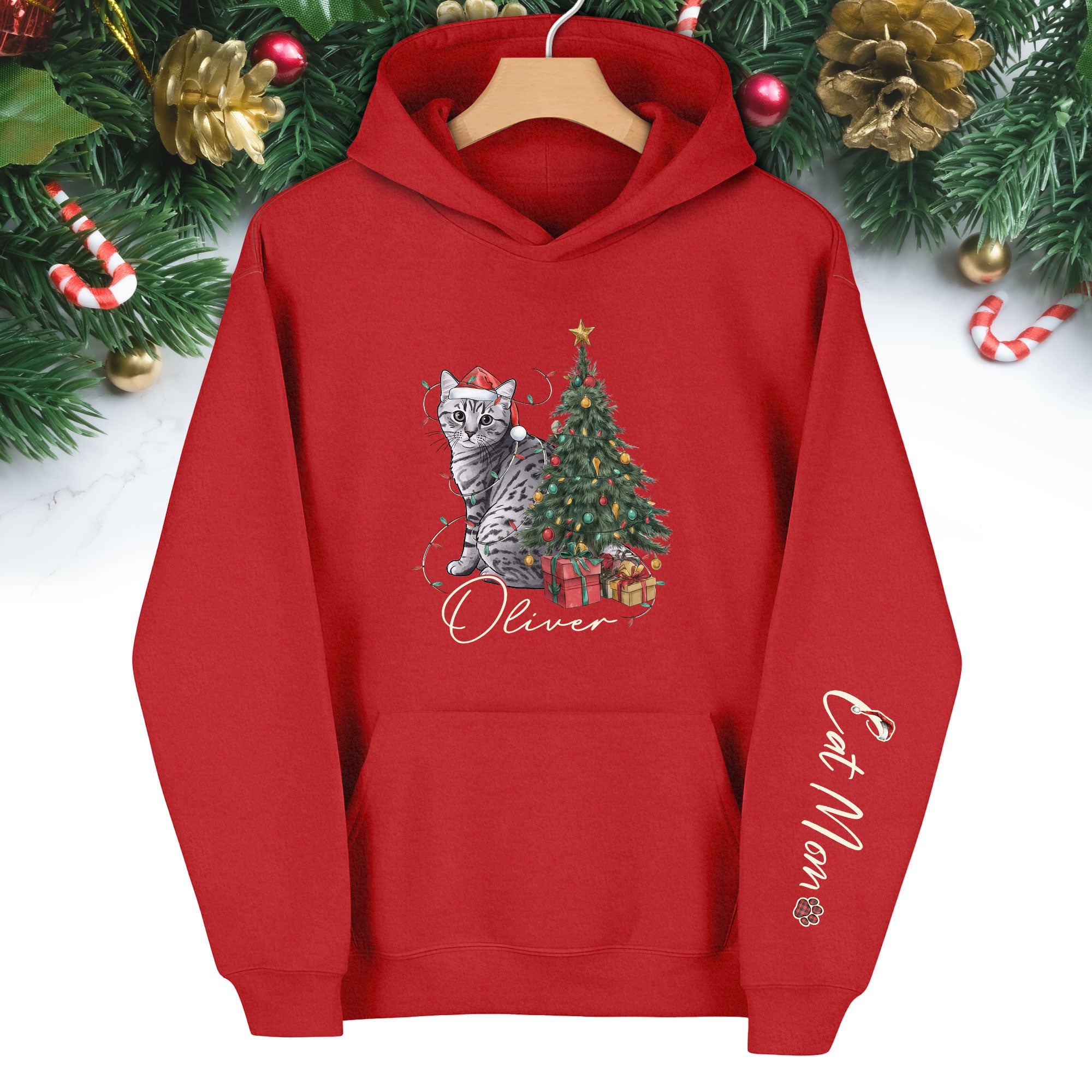 Personalized Cat Mom Christmas Hoodie – Custom Pet Photo Hoodie with Cat Name, Holiday Gift for Cat Lovers