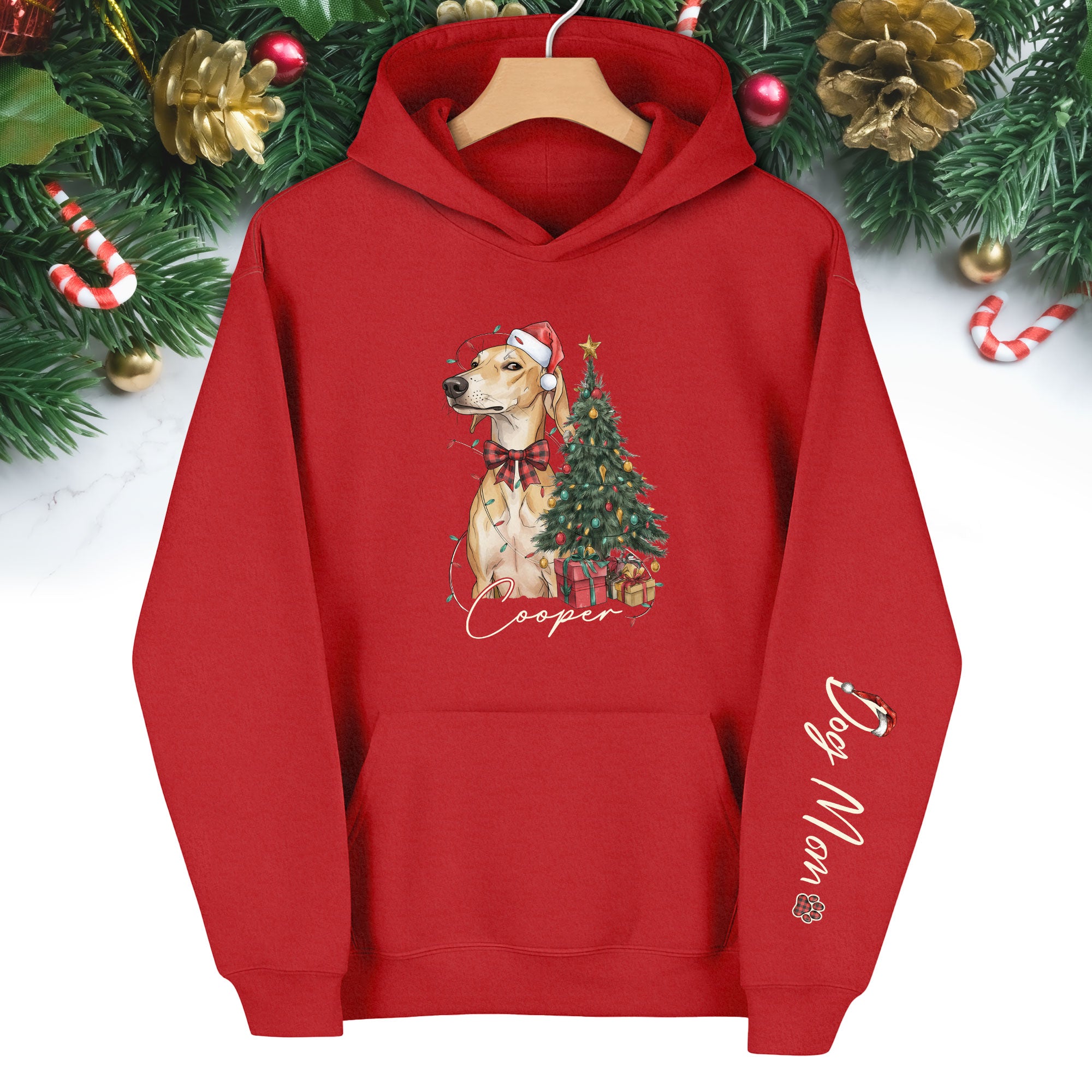 Personalized Dog Mom Christmas Hoodie, Custom Dog Photo Hoodie with Pet Name, Holiday Gift for Pet Lovers